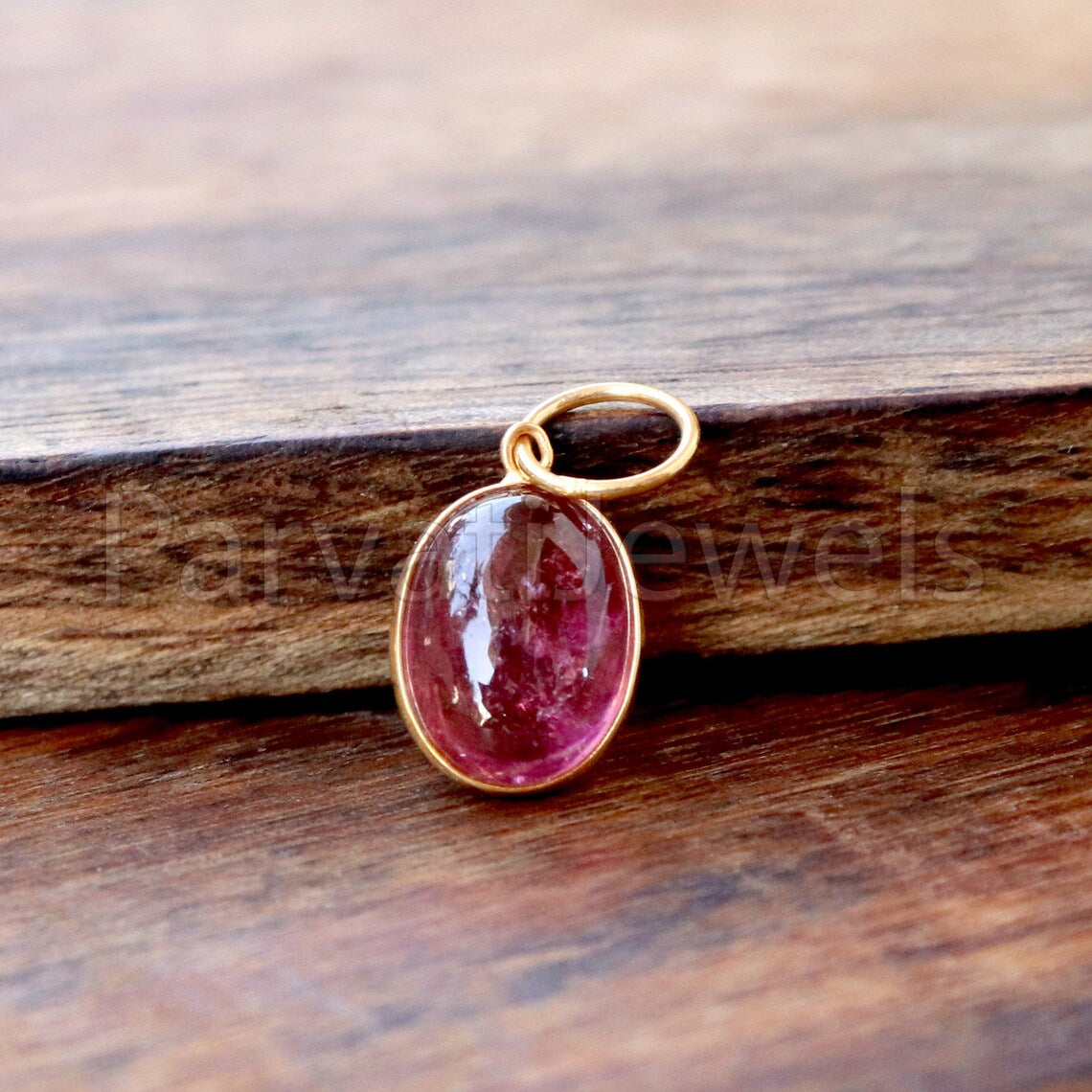 Pink Tourmaline Charm, 18k Solid Gold Charm, Deep Pink Tourmaline Charm, Gold Charm, Cabochon Tourmaline Charm, Handmade Gold Charm