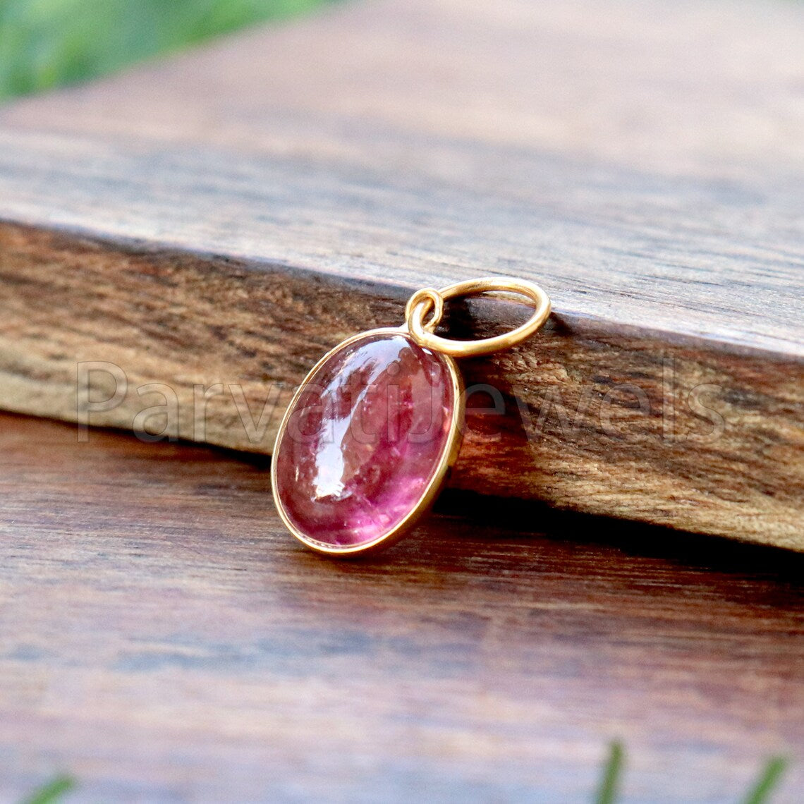 Pink Tourmaline Charm, 18k Solid Gold Charm, Deep Pink Tourmaline Charm, Gold Charm, Cabochon Tourmaline Charm, Handmade Gold Charm