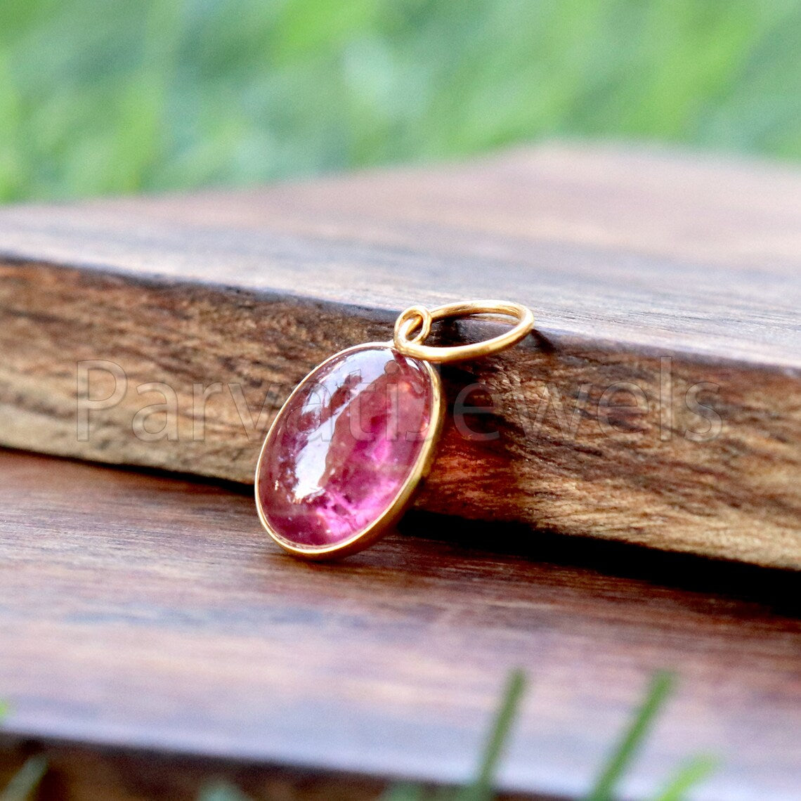 Pink Tourmaline Charm, 18k Solid Gold Charm, Deep Pink Tourmaline Charm, Gold Charm, Cabochon Tourmaline Charm, Handmade Gold Charm