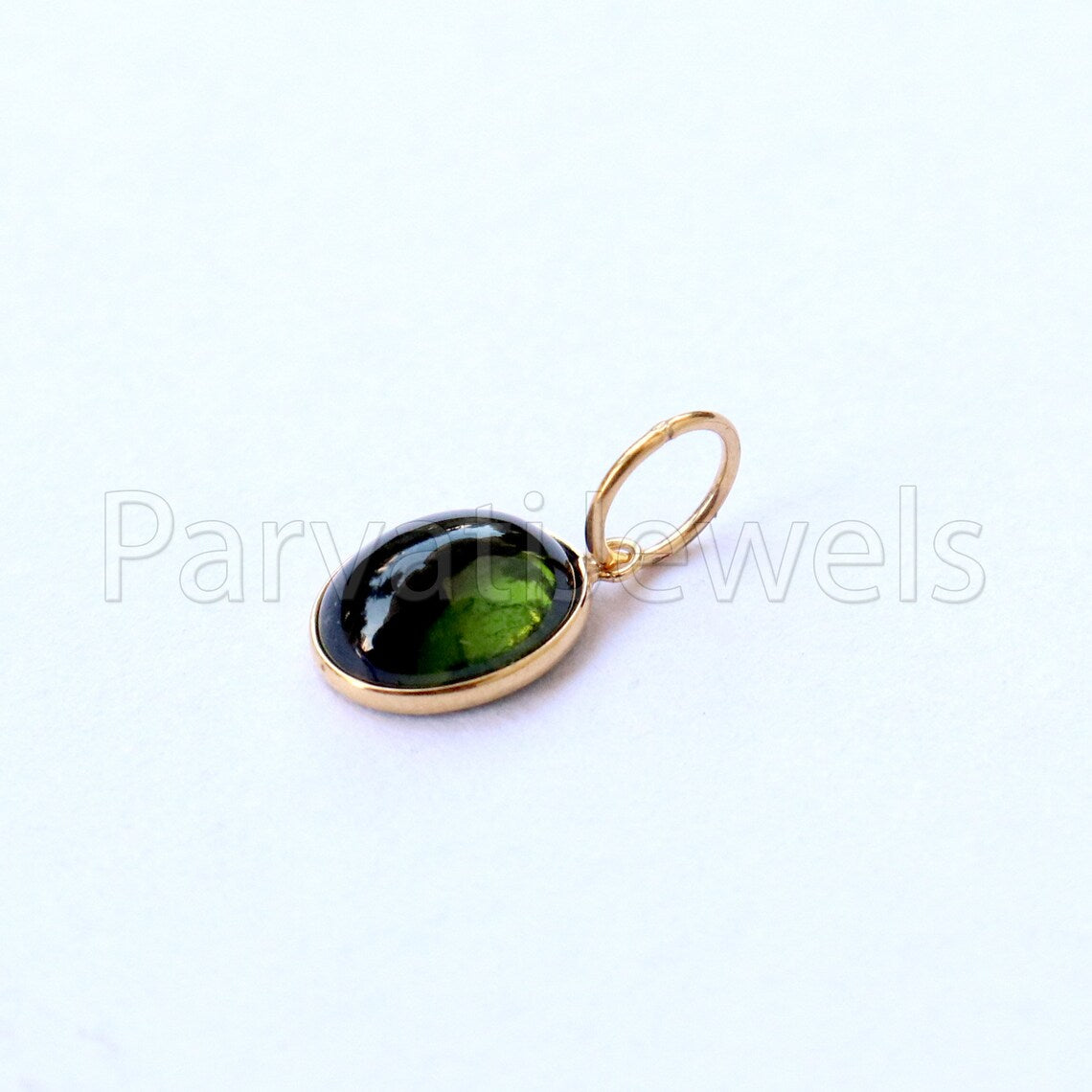 Green Tourmaline Charm, 18k Solid Gold Charm, Deep Green Tourmaline Charm, Gold Charm, Cabochon Tourmaline Charm , Handmade Gold Charm