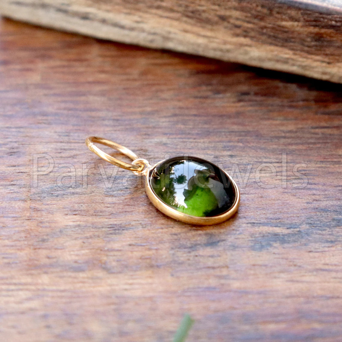 Green Tourmaline Charm, 18k Solid Gold Charm, Deep Green Tourmaline Charm, Gold Charm, Cabochon Tourmaline Charm , Handmade Gold Charm