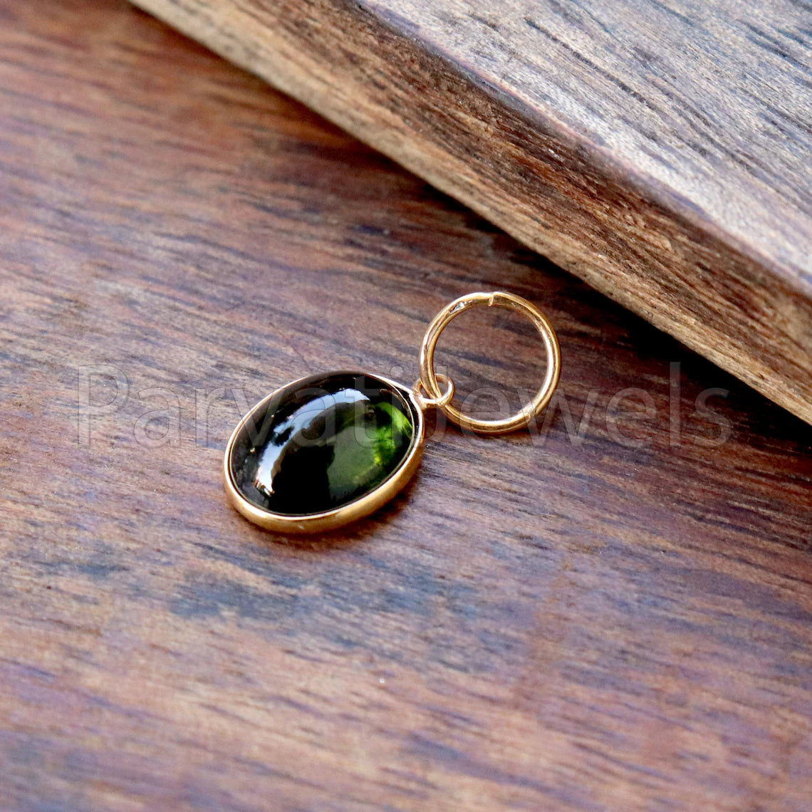 Green Tourmaline Charm, 18k Solid Gold Charm, Deep Green Tourmaline Charm, Gold Charm, Cabochon Tourmaline Charm , Handmade Gold Charm