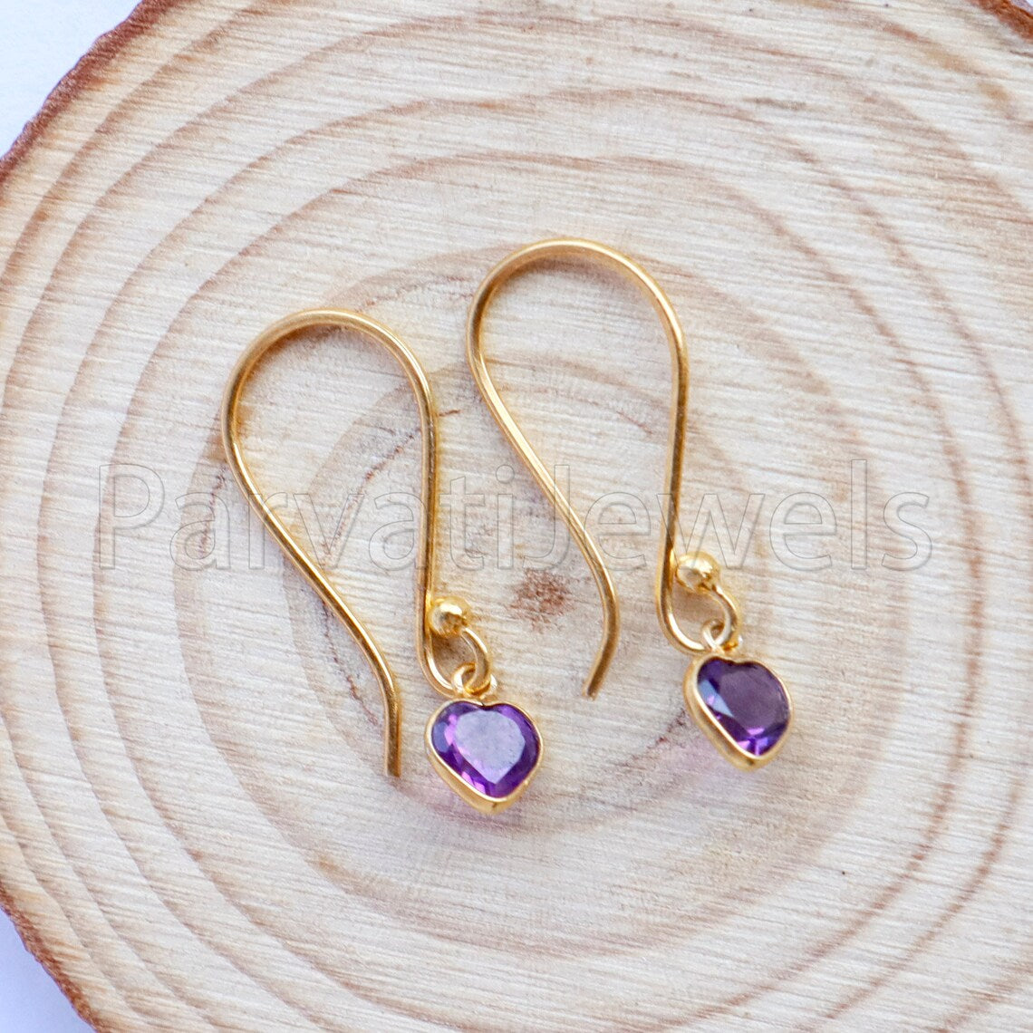 Natural Amethyst Earring, Amethyst Dangle Earring, Solid 18K Gold Earring, Handmade Gold Earring, Minimalist Dangle Earring, Gift for Her