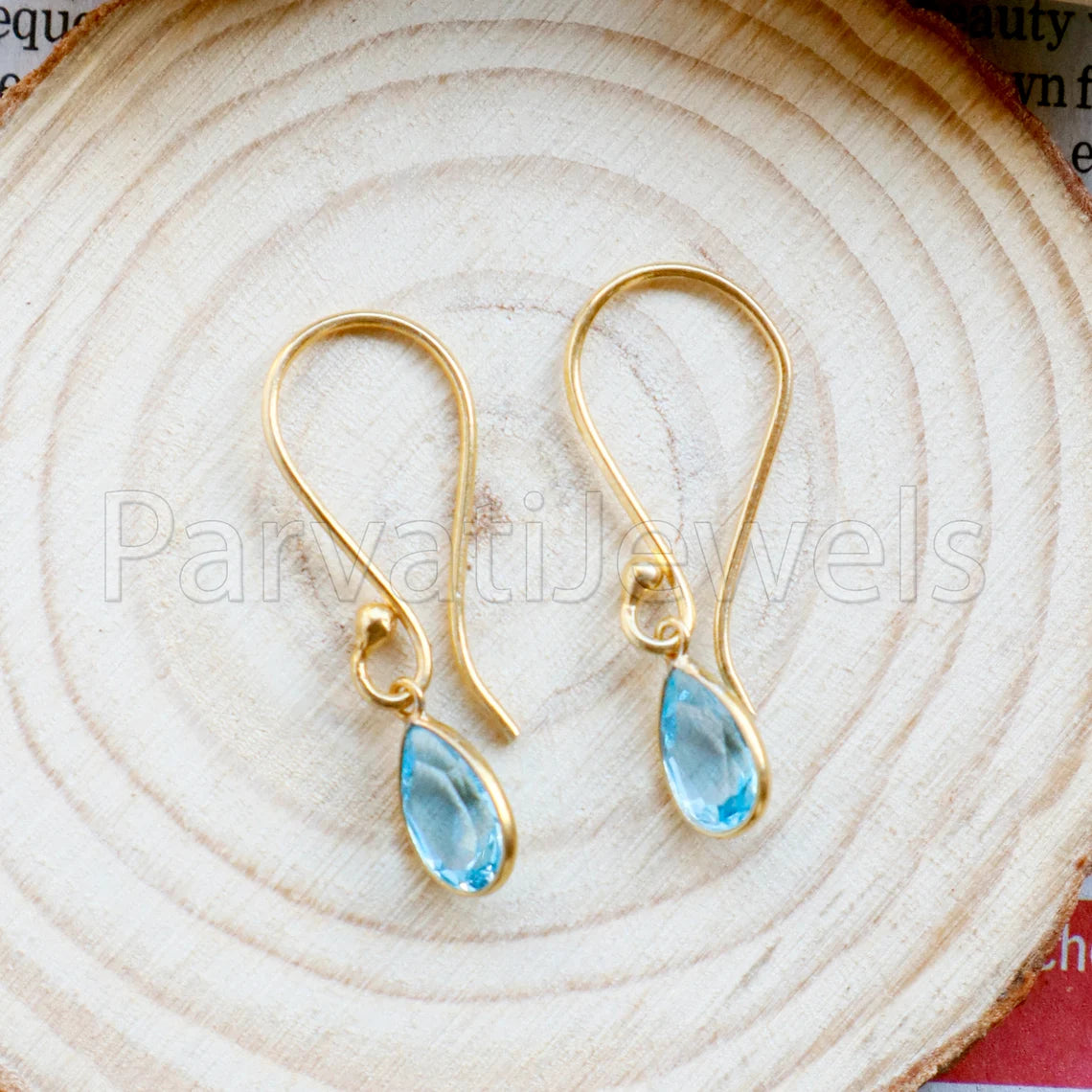 Natural Blue Topaz dangle Earring, Dangle Earring, Blue Topaz Earring, Minimalist Dangle Earring, Solid 18K Gold Earring, Gift for her