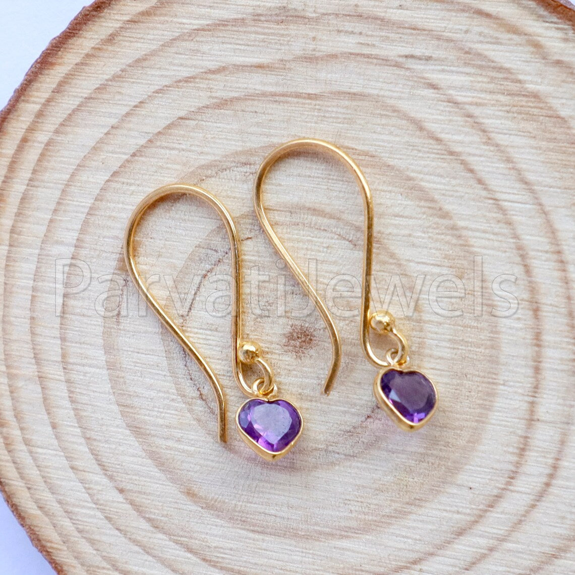 Natural Amethyst Earring, Amethyst Dangle Earring, Solid 18K Gold Earring, Handmade Gold Earring, Minimalist Dangle Earring, Gift for Her