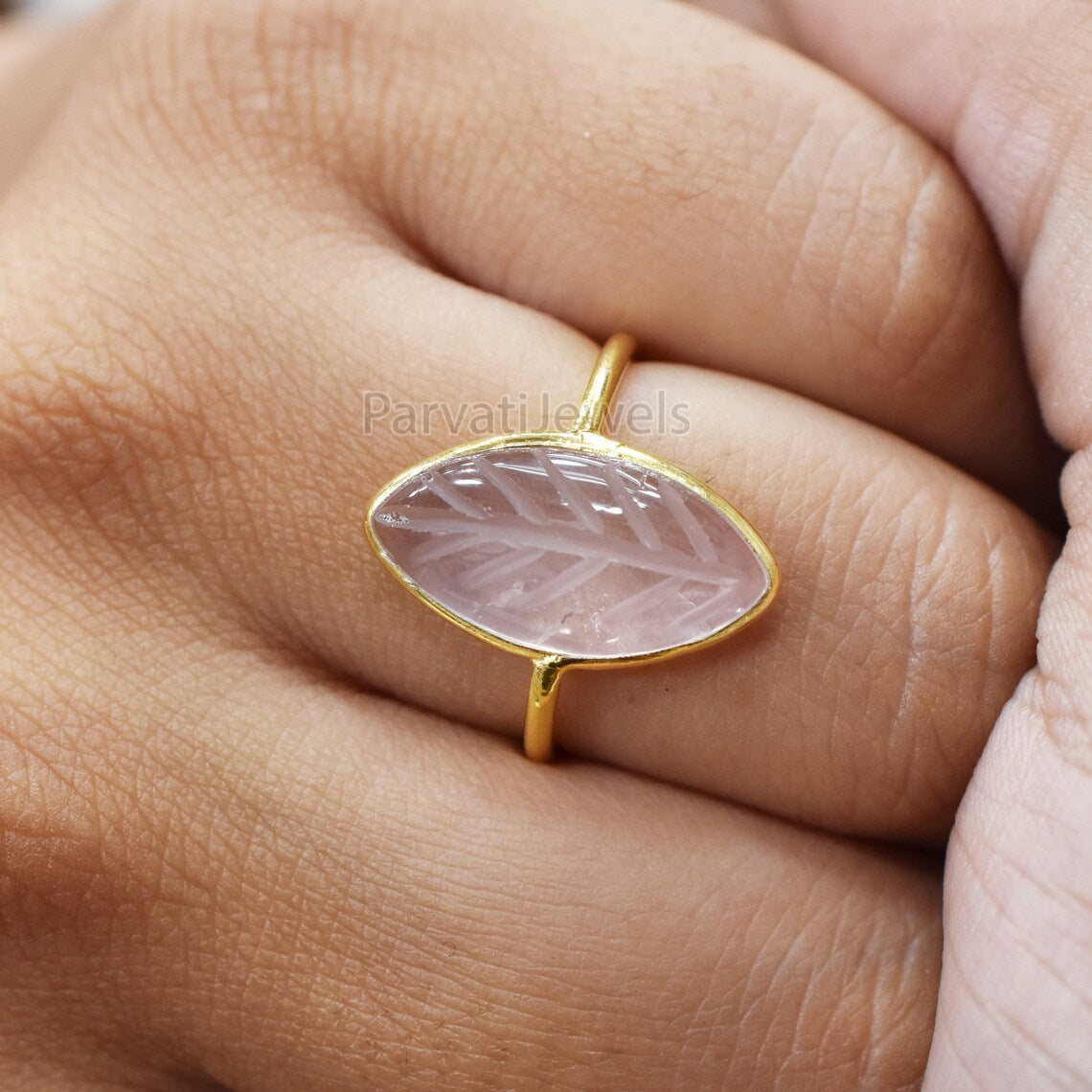 Natural Rose Quartz Solid Gold Ring, Marquise Shape Carving Rose Quartz Ring Solid Gold Ring, 14K & 18K Solid Gold Ring Jewelry, Gold Ring