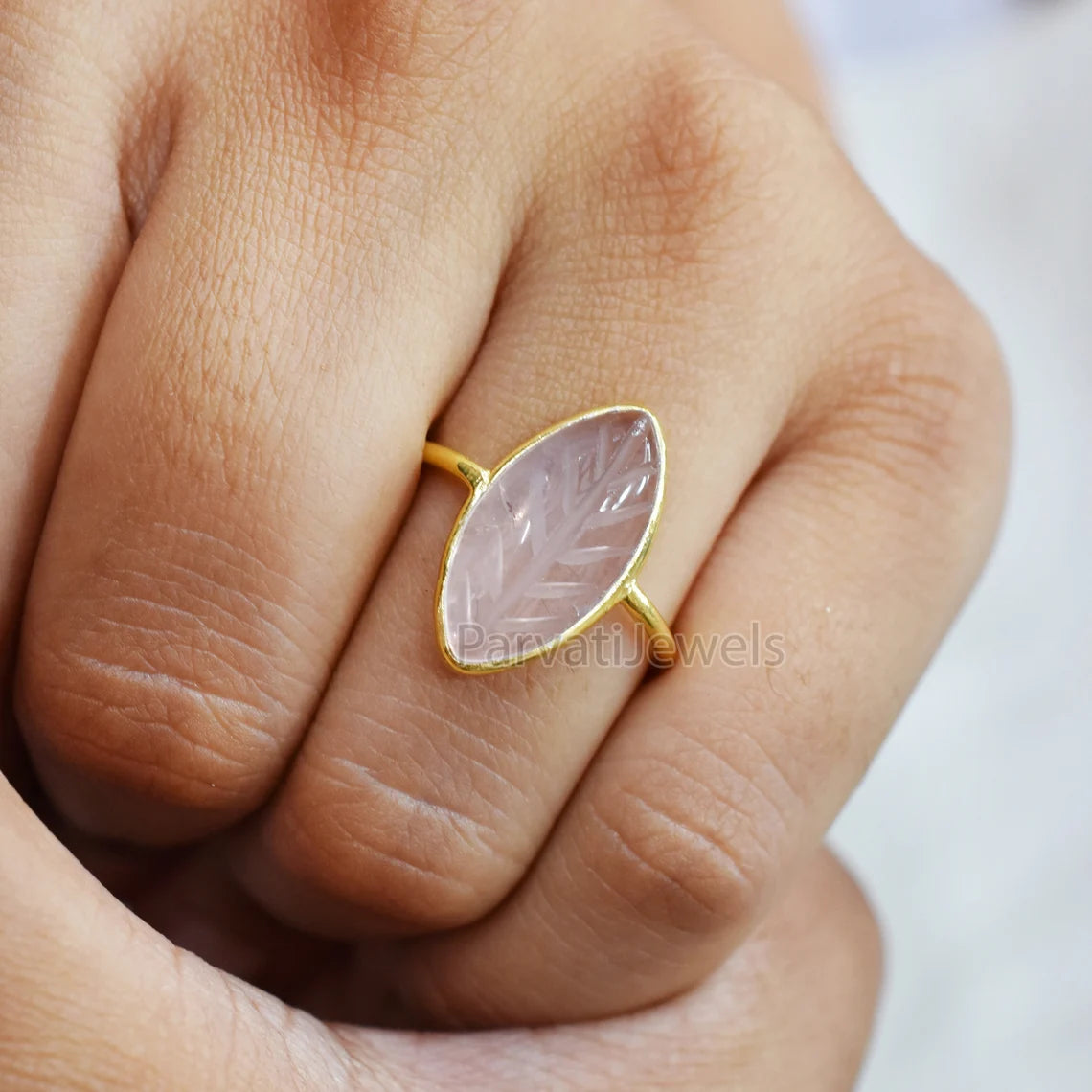 Natural Rose Quartz Solid Gold Ring, Marquise Shape Carving Rose Quartz Ring Solid Gold Ring, 14K & 18K Solid Gold Ring Jewelry, Gold Ring