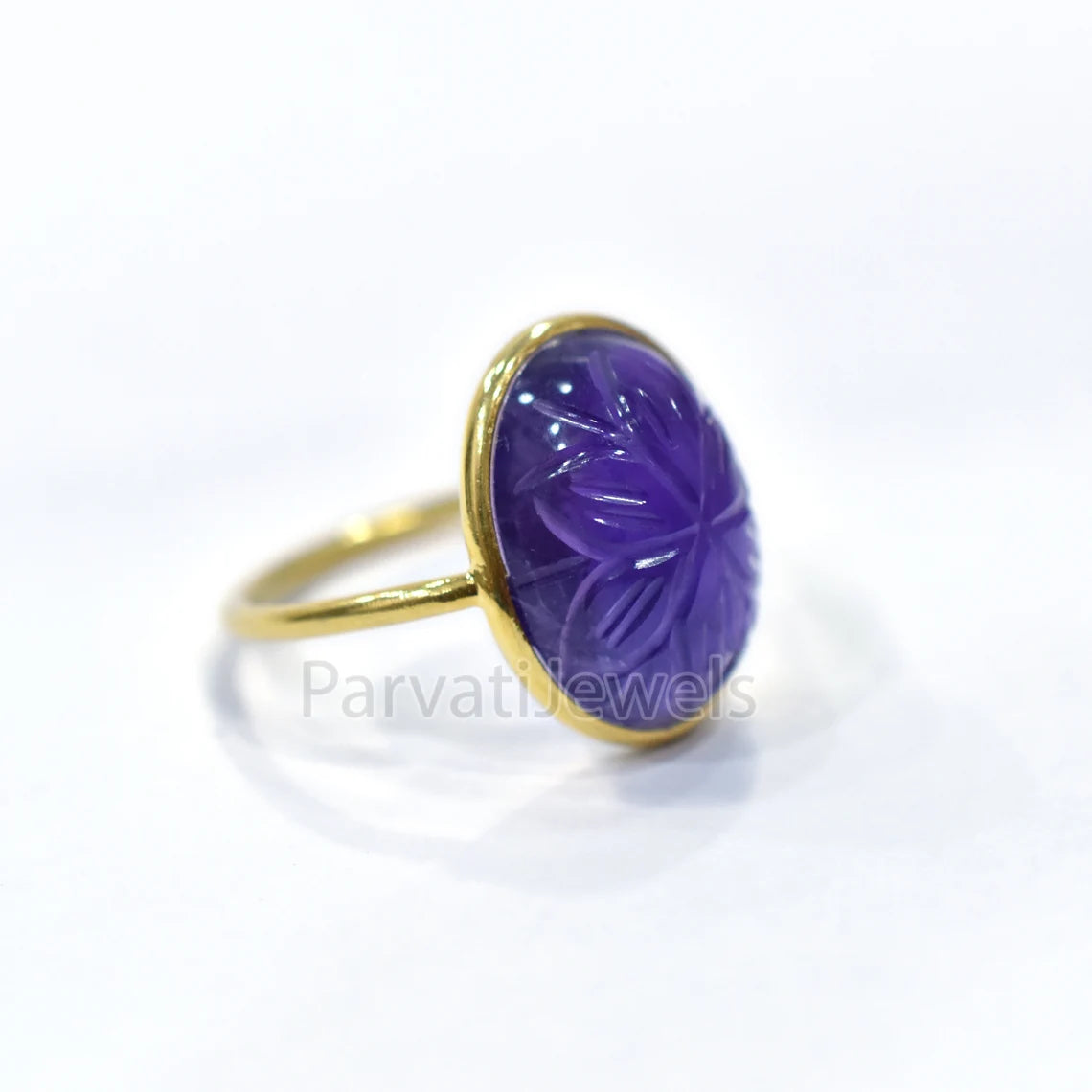 Solid Gold Natural Amethyst Ring, Oval Shape Carving Amethyst Ring Solid Gold Ring, 14K & 18K Solid Gold Ring Jewelry, Handmade Gold Ring