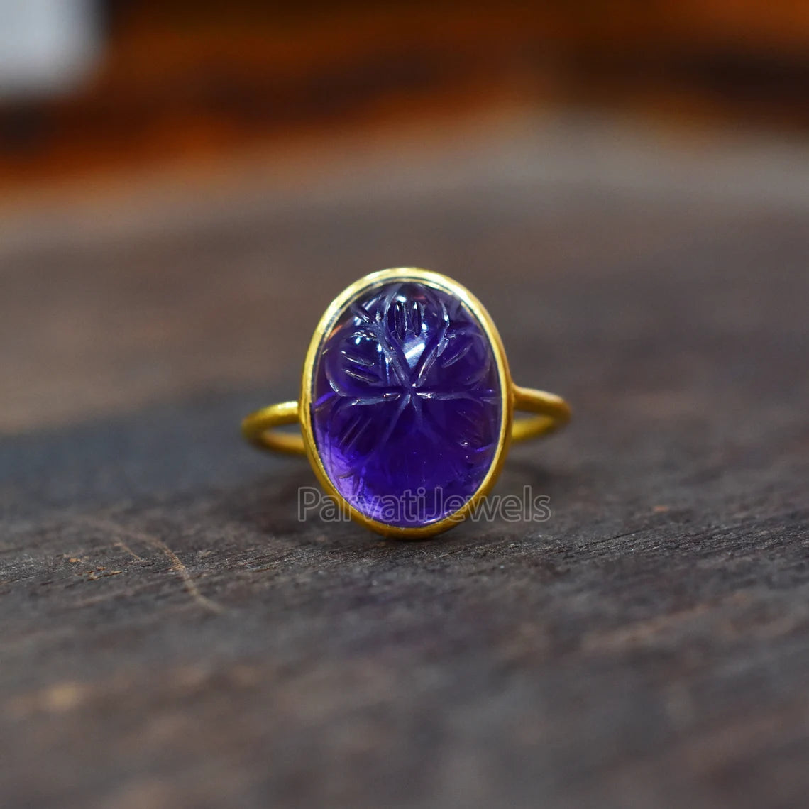 Solid Gold Natural Amethyst Ring, Oval Shape Carving Amethyst Ring Solid Gold Ring, 14K & 18K Solid Gold Ring Jewelry, Handmade Gold Ring