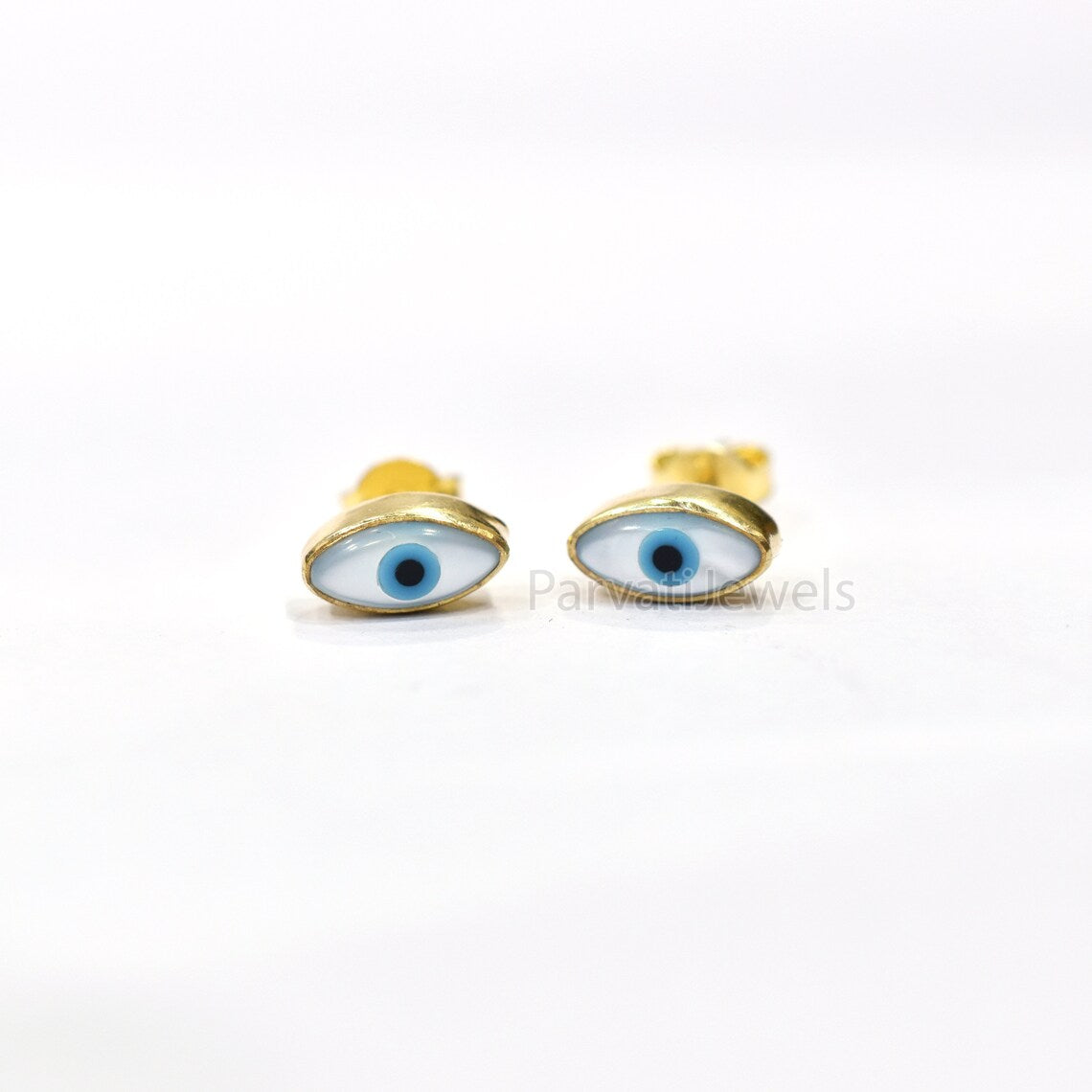 Very Beautiful Mother Of Pearl Evil Eye 18k Gold Earrings, Minimalist Solid Gold Earrings, 18k Solid Gold Stud Earrings, Handmade Earrings