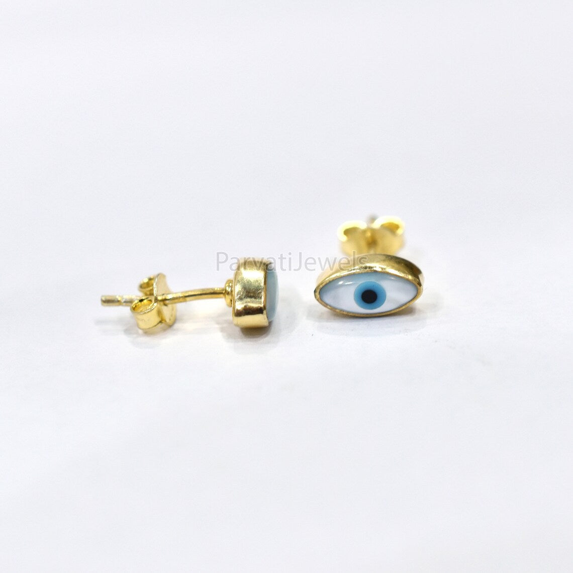 Very Beautiful Mother Of Pearl Evil Eye 18k Gold Earrings, Minimalist Solid Gold Earrings, 18k Solid Gold Stud Earrings, Handmade Earrings