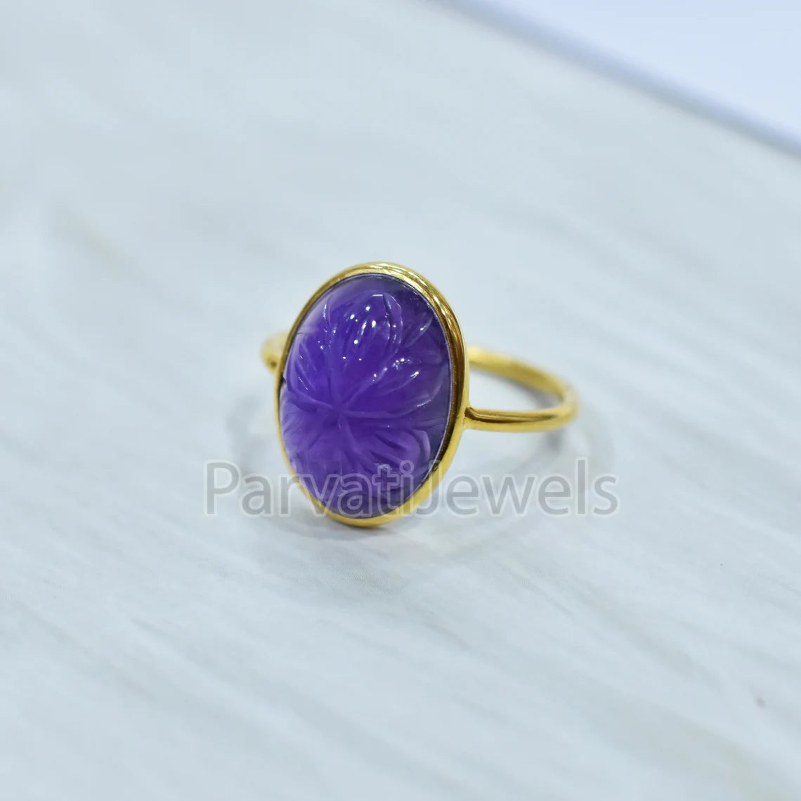 Solid Gold Natural Amethyst Ring, Oval Shape Carving Amethyst Ring Solid Gold Ring, 14K & 18K Solid Gold Ring Jewelry, Handmade Gold Ring