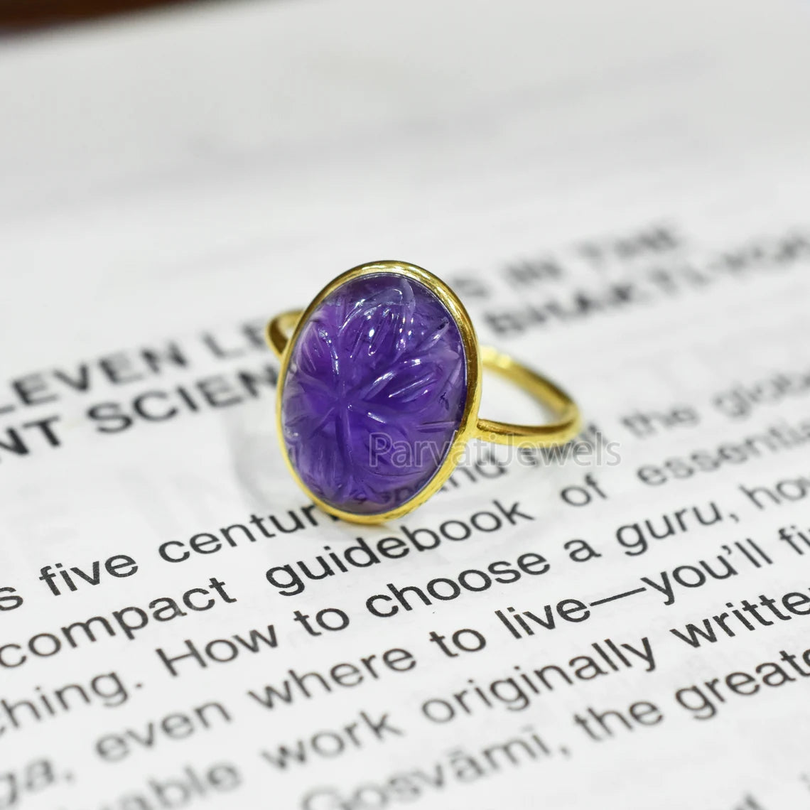 Solid Gold Natural Amethyst Ring, Oval Shape Carving Amethyst Ring Solid Gold Ring, 14K & 18K Solid Gold Ring Jewelry, Handmade Gold Ring