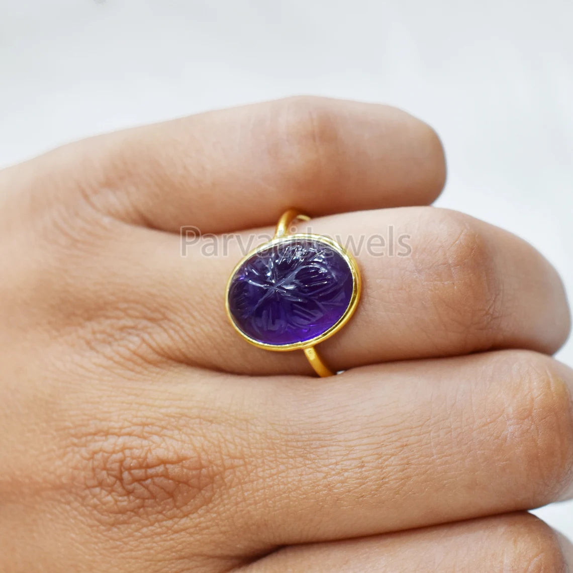 Solid Gold Natural Amethyst Ring, Oval Shape Carving Amethyst Ring Solid Gold Ring, 14K & 18K Solid Gold Ring Jewelry, Handmade Gold Ring