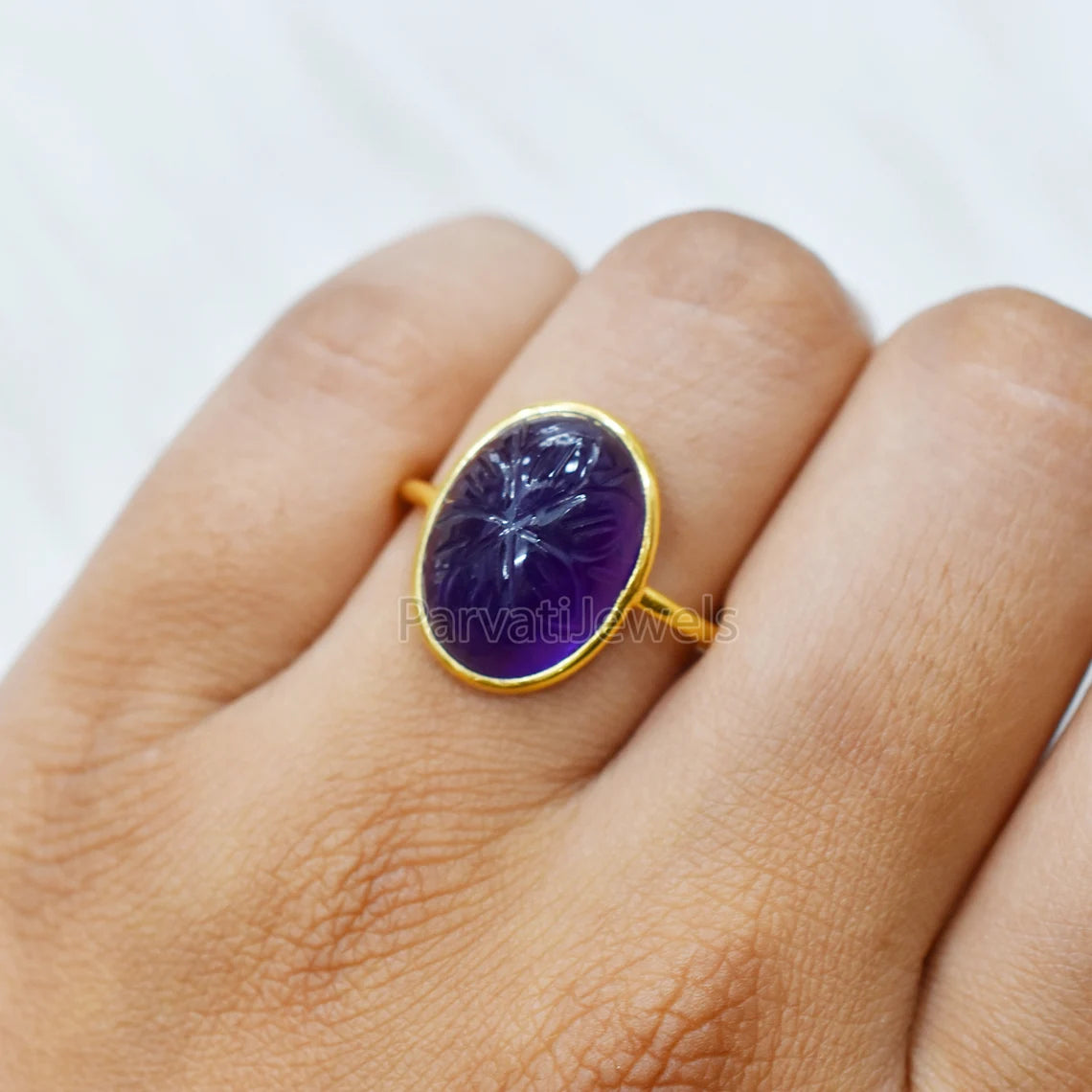 Solid Gold Natural Amethyst Ring, Oval Shape Carving Amethyst Ring Solid Gold Ring, 14K & 18K Solid Gold Ring Jewelry, Handmade Gold Ring