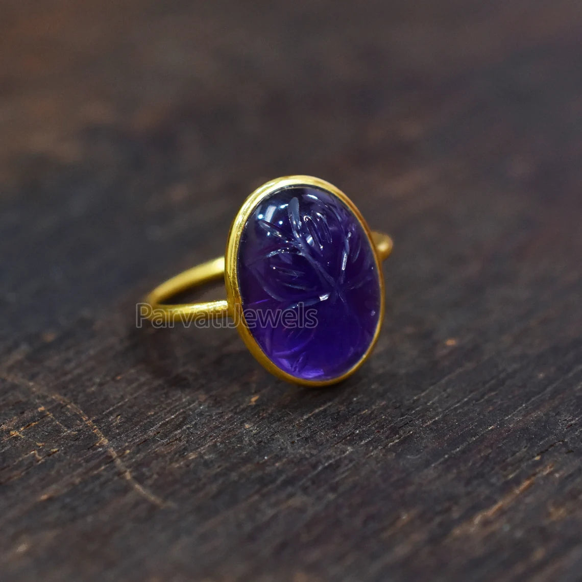 Solid Gold Natural Amethyst Ring, Oval Shape Carving Amethyst Ring Solid Gold Ring, 14K & 18K Solid Gold Ring Jewelry, Handmade Gold Ring