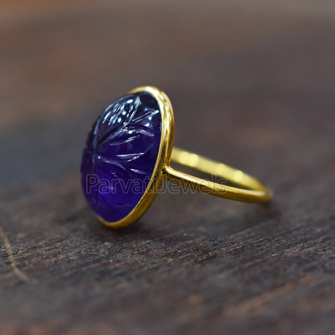 Solid Gold Natural Amethyst Ring, Oval Shape Carving Amethyst Ring Solid Gold Ring, 14K & 18K Solid Gold Ring Jewelry, Handmade Gold Ring