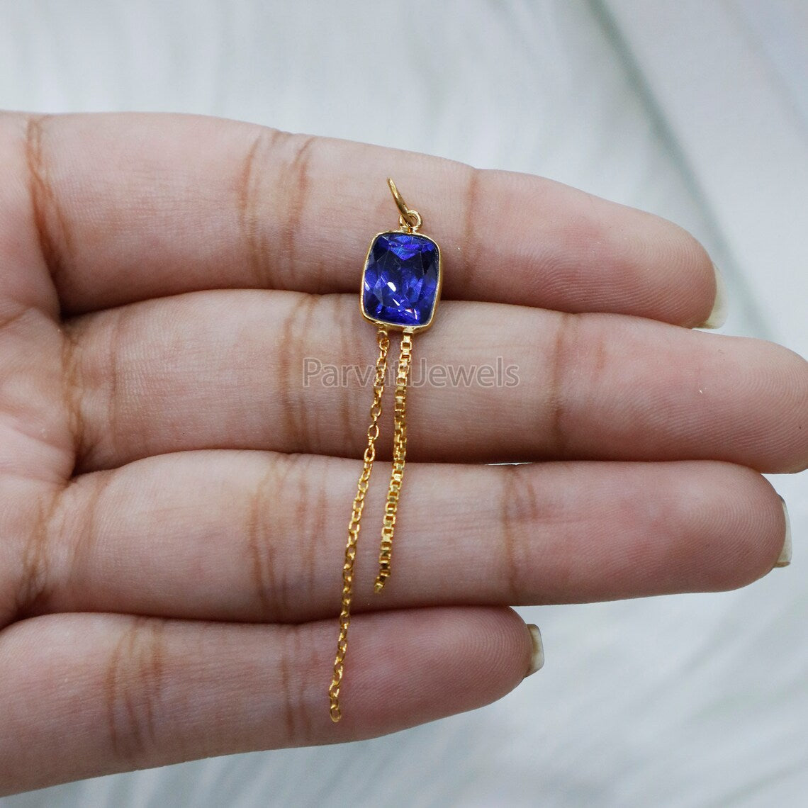 Lab Created Tanzanite Charm With Tassel, 18k Solid Gold Charm, lab Created Tanzanite Charm, Gold Charm, Faceted Tanzanite Charm,Gift For Her