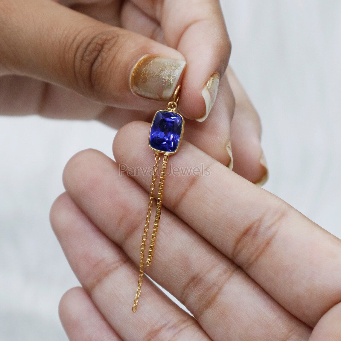 Lab Created Tanzanite Charm With Tassel, 18k Solid Gold Charm, lab Created Tanzanite Charm, Gold Charm, Faceted Tanzanite Charm,Gift For Her