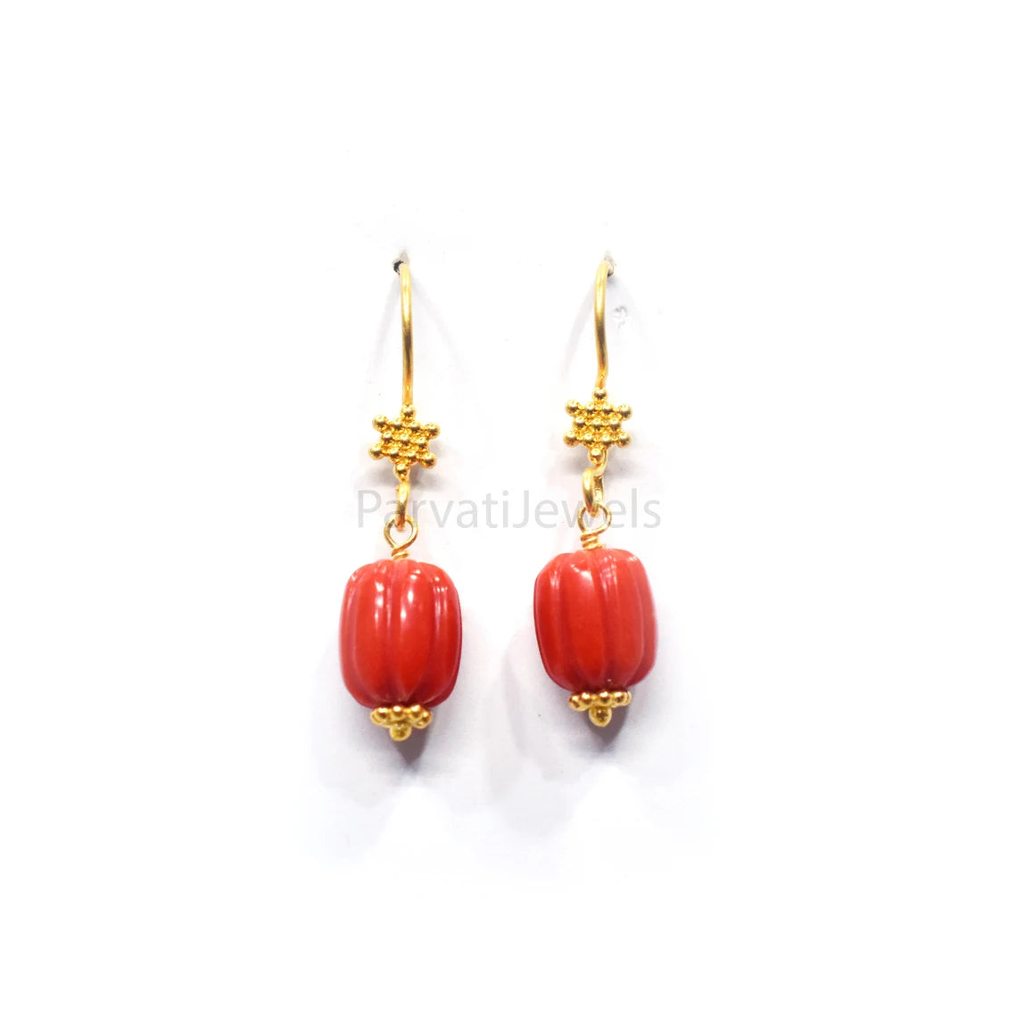 AA Red Coral Gemstone Earrings Collection, 18k Solid Gold Earrings, Coral Gold Earrings, Lab Created Coral 18k Gold Handmade Earrings