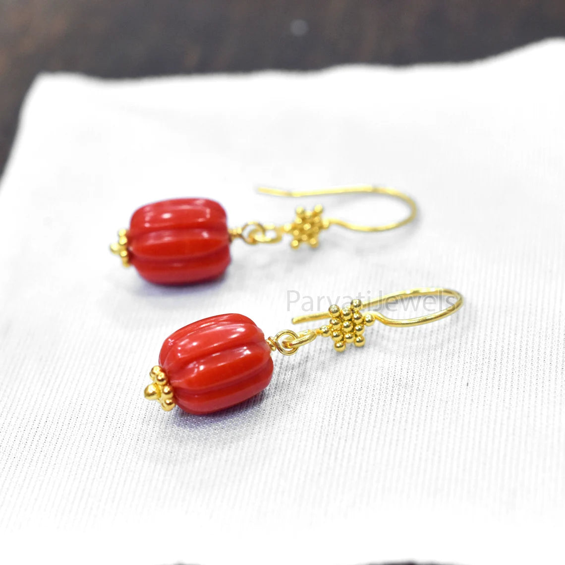 AA Red Coral Gemstone Earrings Collection, 18k Solid Gold Earrings, Coral Gold Earrings, Lab Created Coral 18k Gold Handmade Earrings