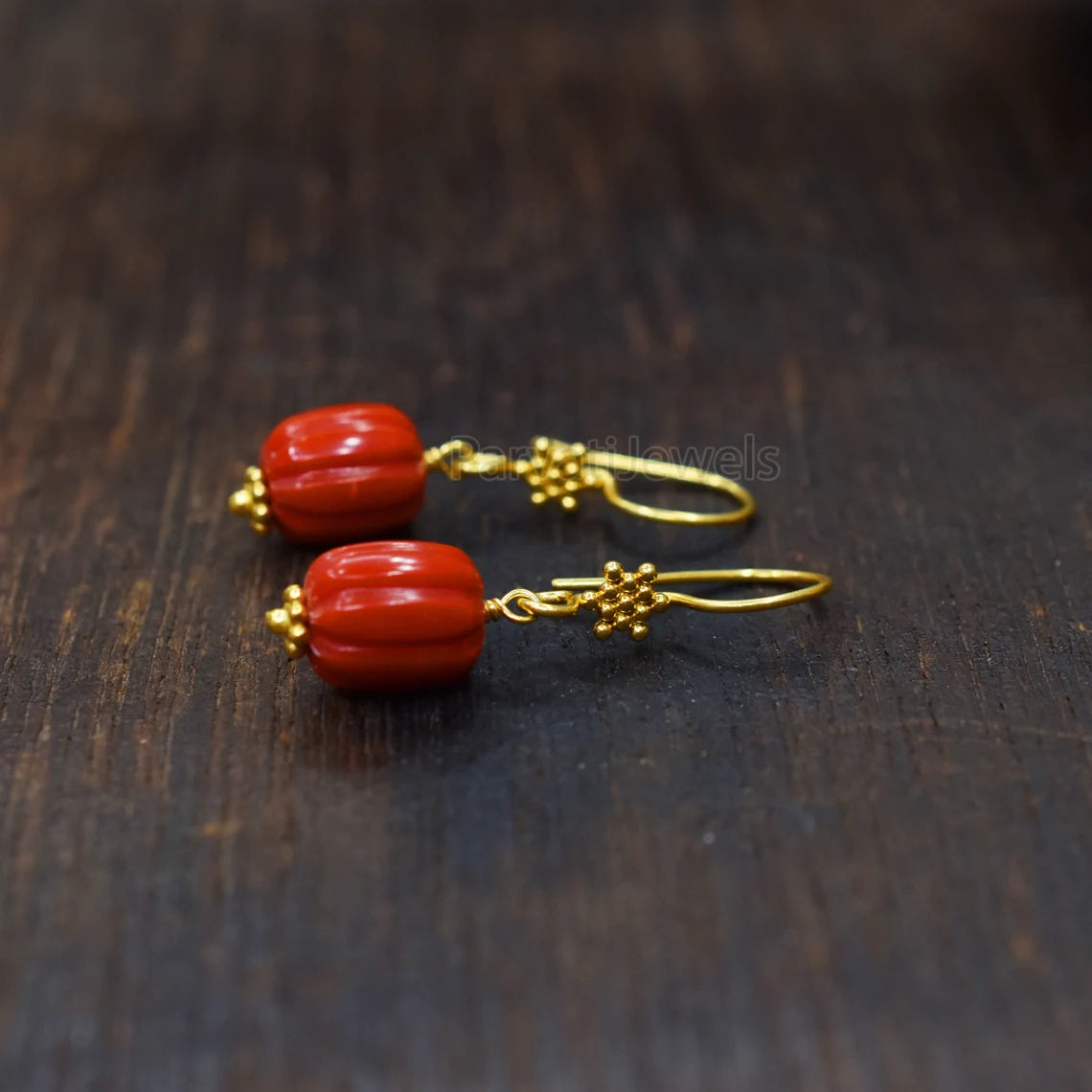 AA Red Coral Gemstone Earrings Collection, 18k Solid Gold Earrings, Coral Gold Earrings, Lab Created Coral 18k Gold Handmade Earrings