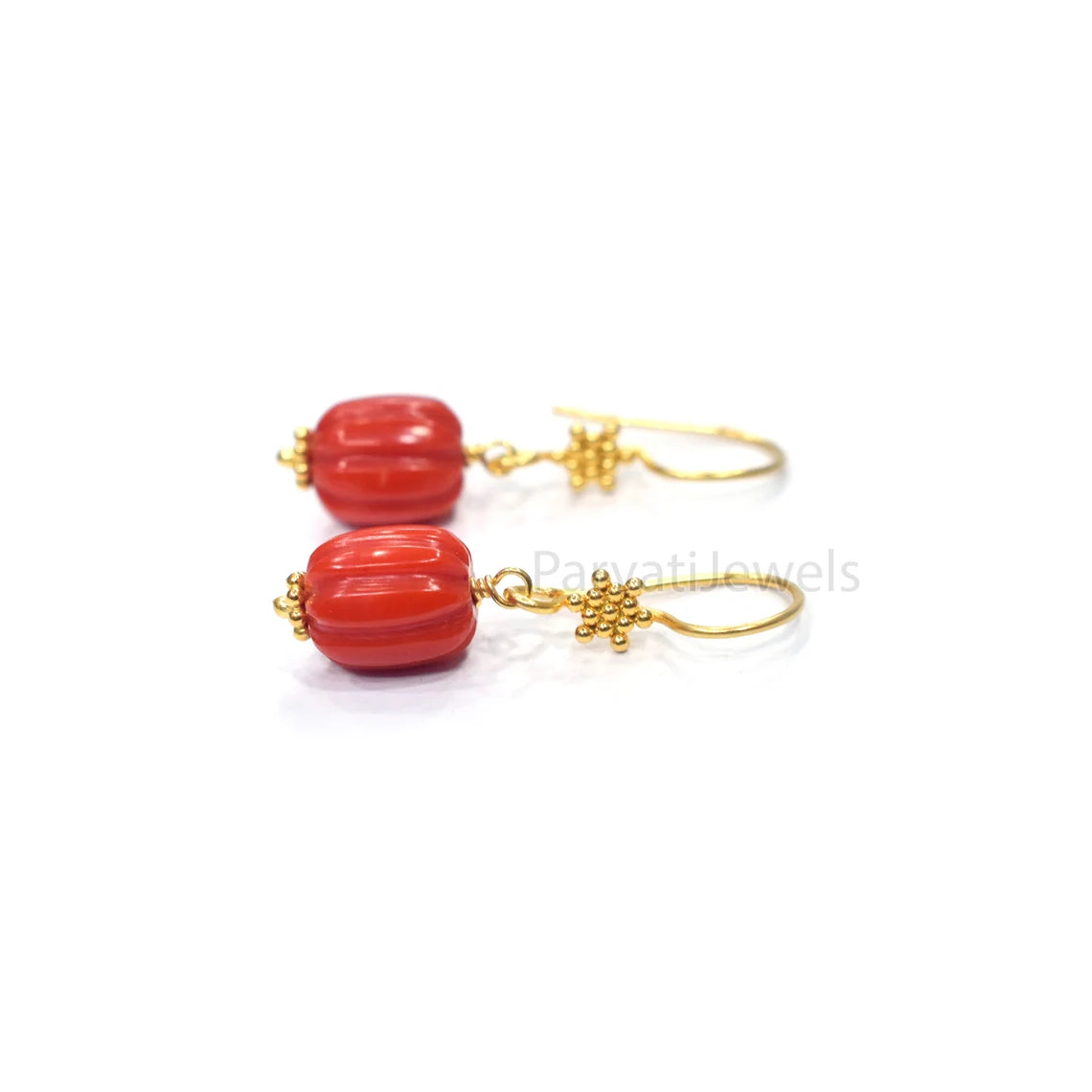 AA Red Coral Gemstone Earrings Collection, 18k Solid Gold Earrings, Coral Gold Earrings, Lab Created Coral 18k Gold Handmade Earrings