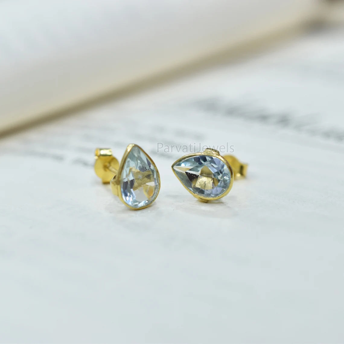 Beautiful Solid 18k Gold Earrings, Delicate Blue Topaz Stud Earrings, Drop Stud Earrings Minimalist Handmade Earrings, Gift for Women
