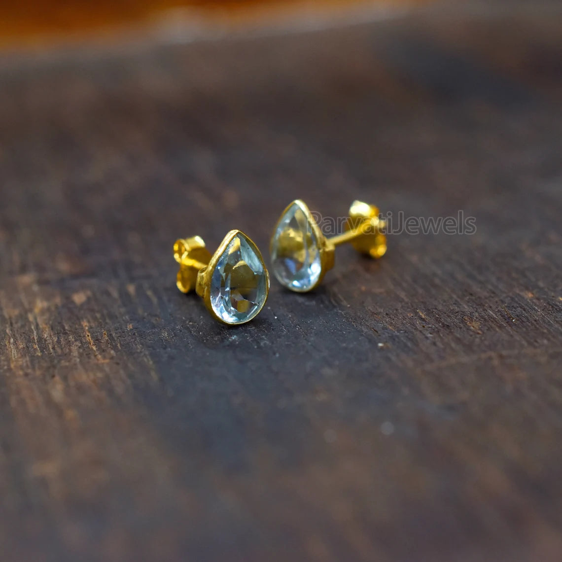 Beautiful Solid 18k Gold Earrings, Delicate Blue Topaz Stud Earrings, Drop Stud Earrings Minimalist Handmade Earrings, Gift for Women