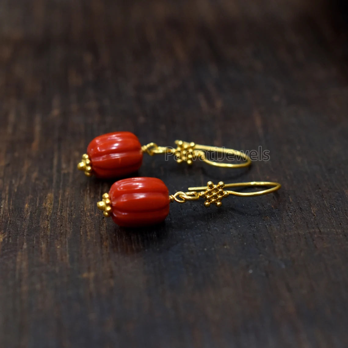 AA Red Coral Gemstone Earrings Collection, 18k Solid Gold Earrings, Coral Gold Earrings, Lab Created Coral 18k Gold Handmade Earrings
