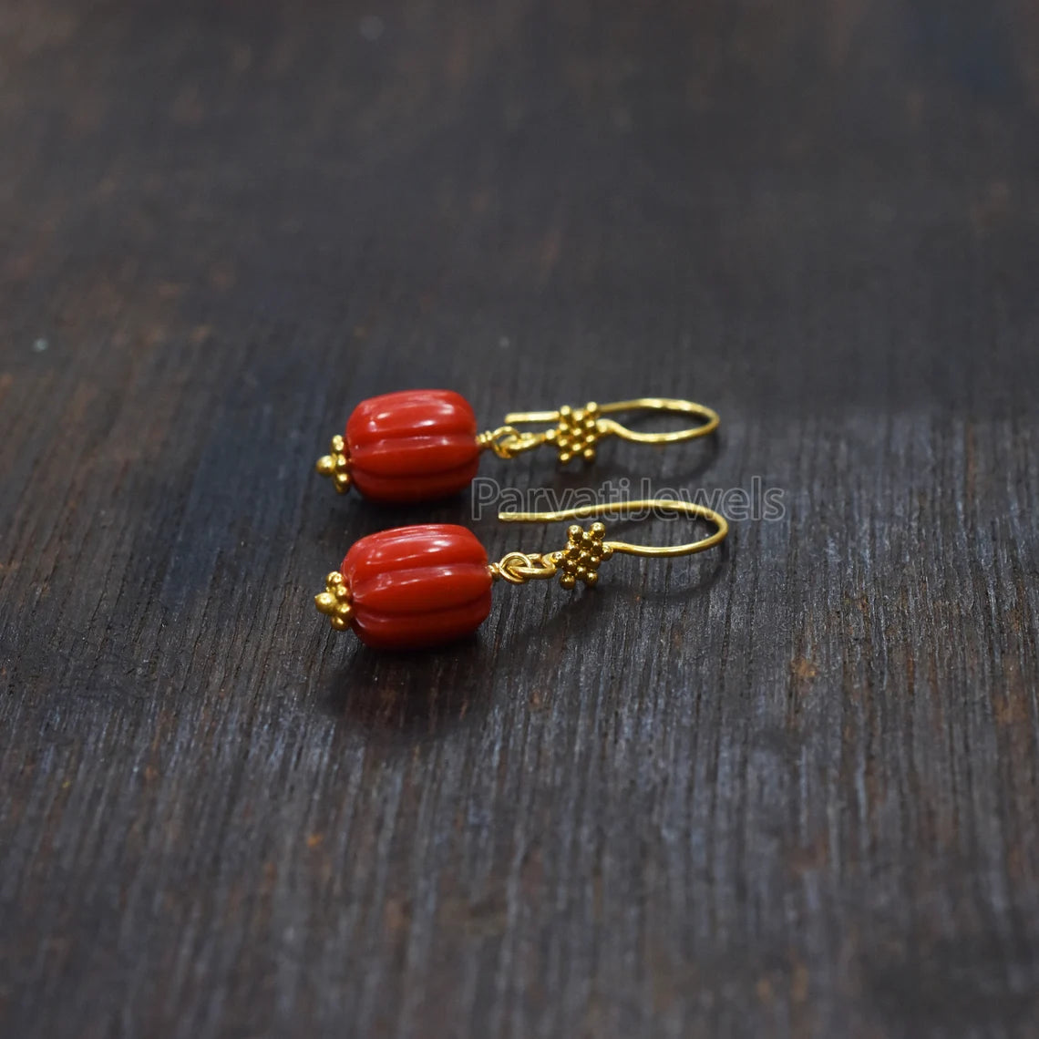 AA Red Coral Gemstone Earrings Collection, 18k Solid Gold Earrings, Coral Gold Earrings, Lab Created Coral 18k Gold Handmade Earrings