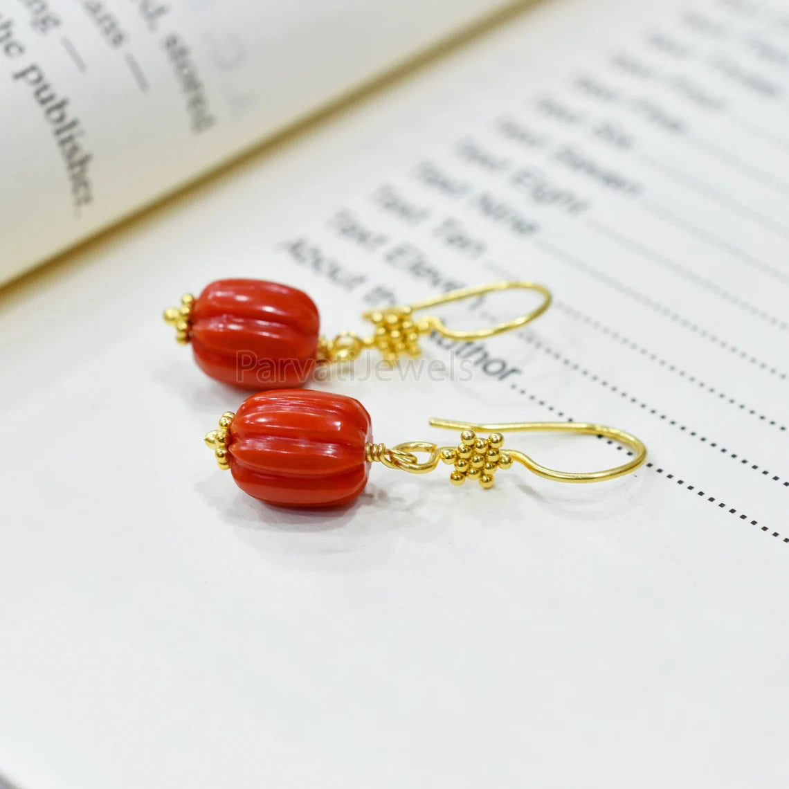 AA Red Coral Gemstone Earrings Collection, 18k Solid Gold Earrings, Coral Gold Earrings, Lab Created Coral 18k Gold Handmade Earrings