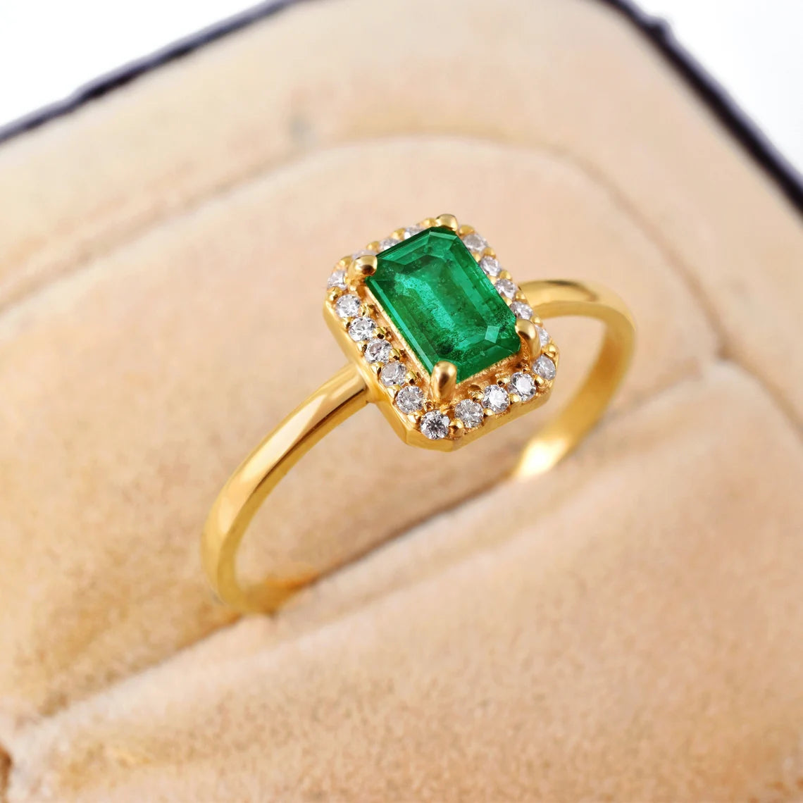 Natural Emerald Solid Gold Ring, 18K Solid Gold Emerald Halo Diamond Ring, Anniversary Gift, Emerald Gold Ring,May Birthstone, Gift Jewelry