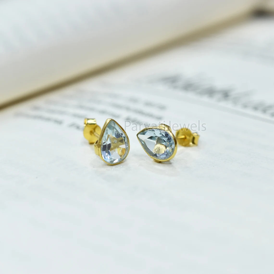 Beautiful Solid 18k Gold Earrings, Delicate Blue Topaz Stud Earrings, Drop Stud Earrings Minimalist Handmade Earrings, Gift for Women