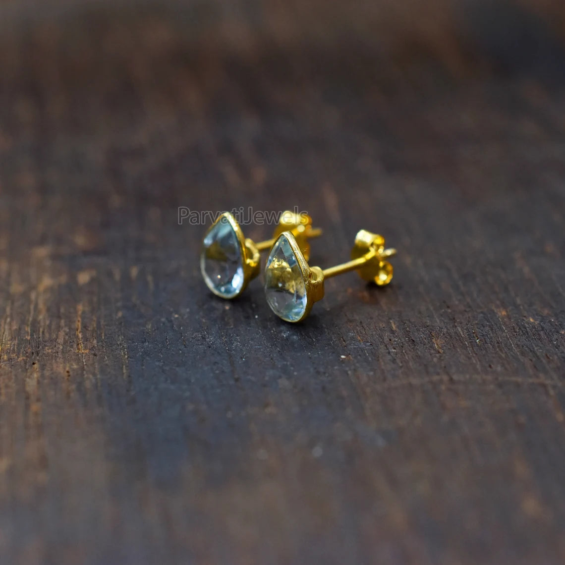 Beautiful Solid 18k Gold Earrings, Delicate Blue Topaz Stud Earrings, Drop Stud Earrings Minimalist Handmade Earrings, Gift for Women