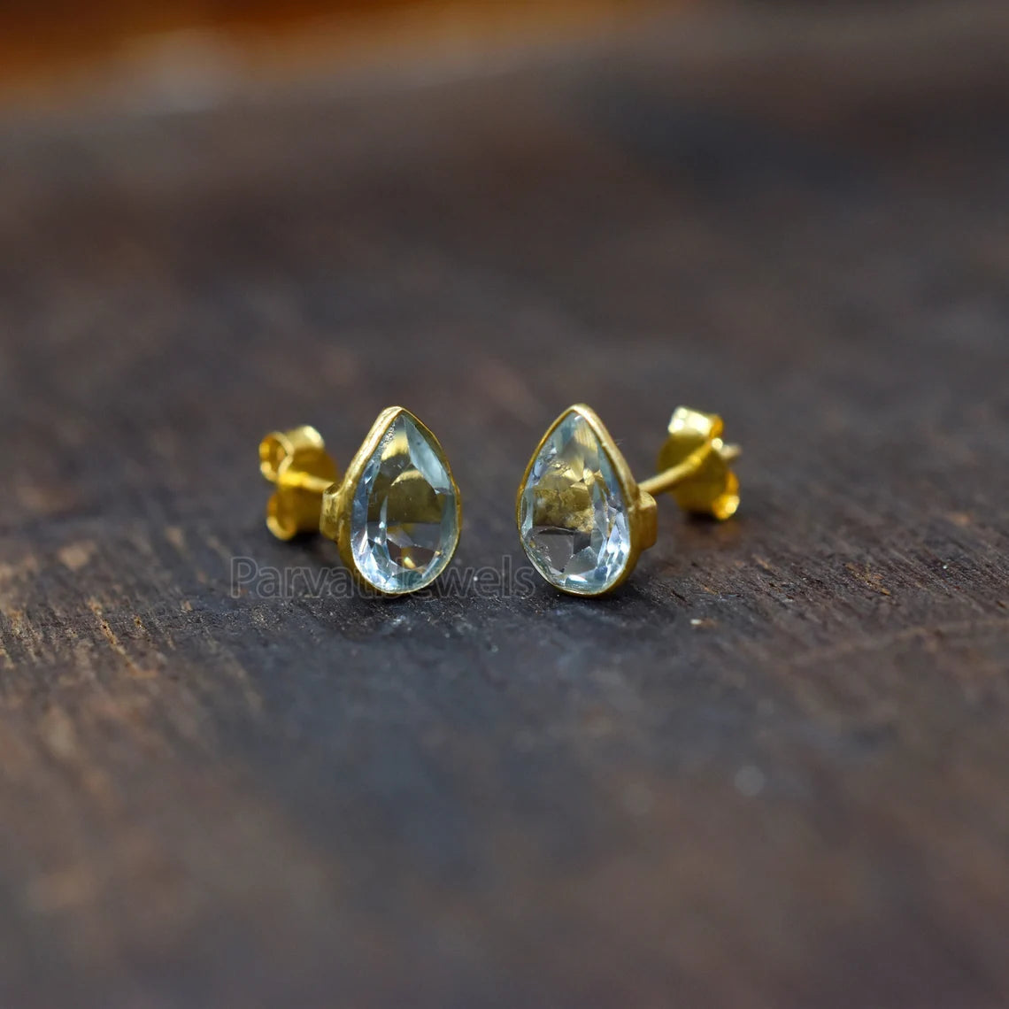 Beautiful Solid 18k Gold Earrings, Delicate Blue Topaz Stud Earrings, Drop Stud Earrings Minimalist Handmade Earrings, Gift for Women