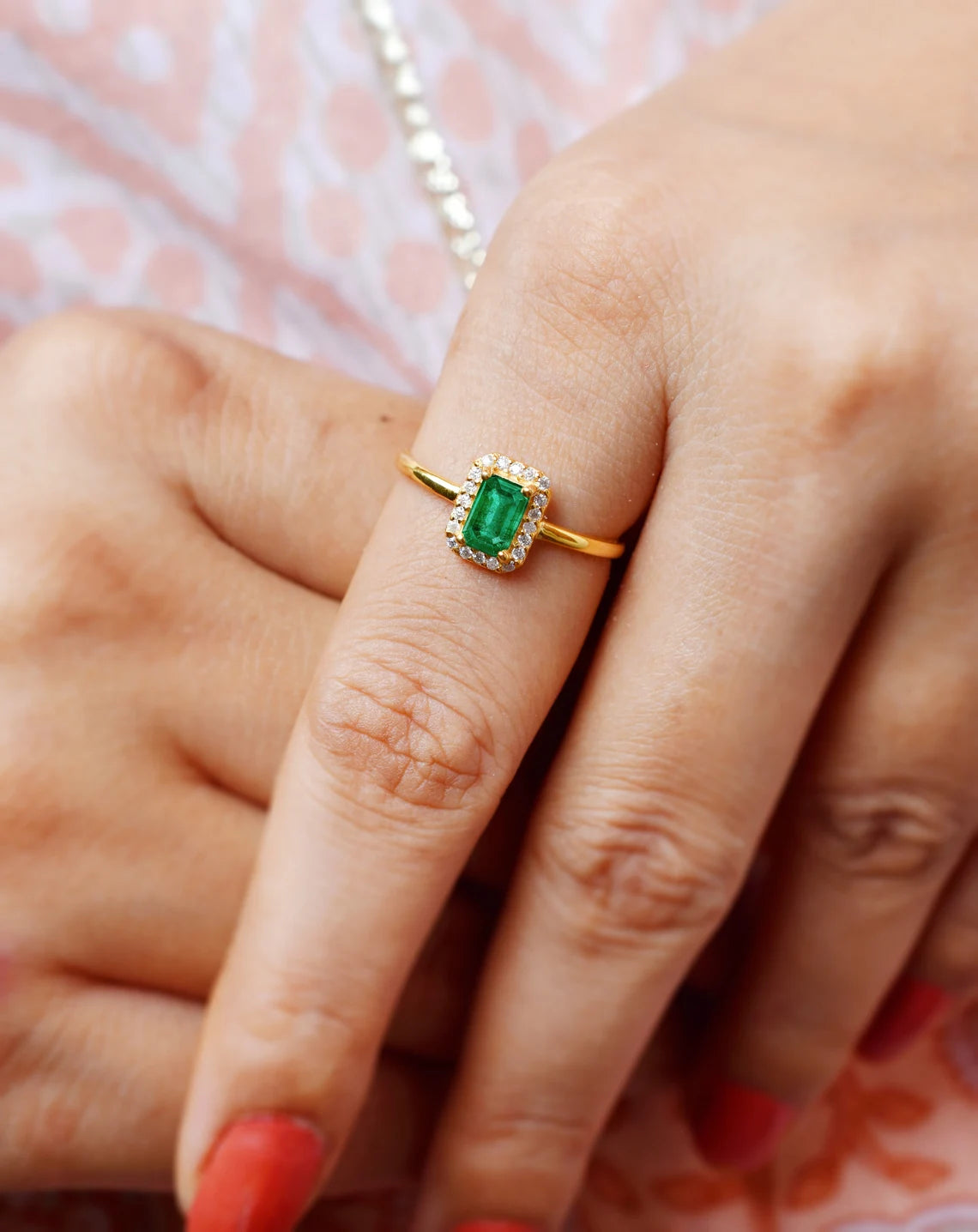 Natural Emerald Solid Gold Ring, 18K Solid Gold Emerald Halo Diamond Ring, Anniversary Gift, Emerald Gold Ring,May Birthstone, Gift Jewelry