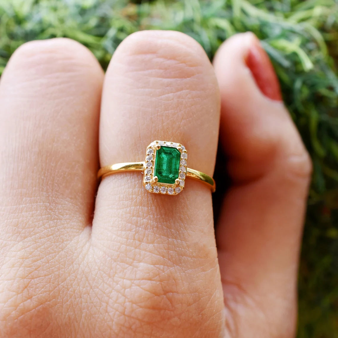 Natural Emerald Solid Gold Ring, 18K Solid Gold Emerald Halo Diamond Ring, Anniversary Gift, Emerald Gold Ring,May Birthstone, Gift Jewelry