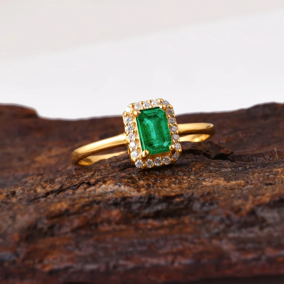 Natural Emerald Solid Gold Ring, 18K Solid Gold Emerald Halo Diamond Ring, Anniversary Gift, Emerald Gold Ring,May Birthstone, Gift Jewelry