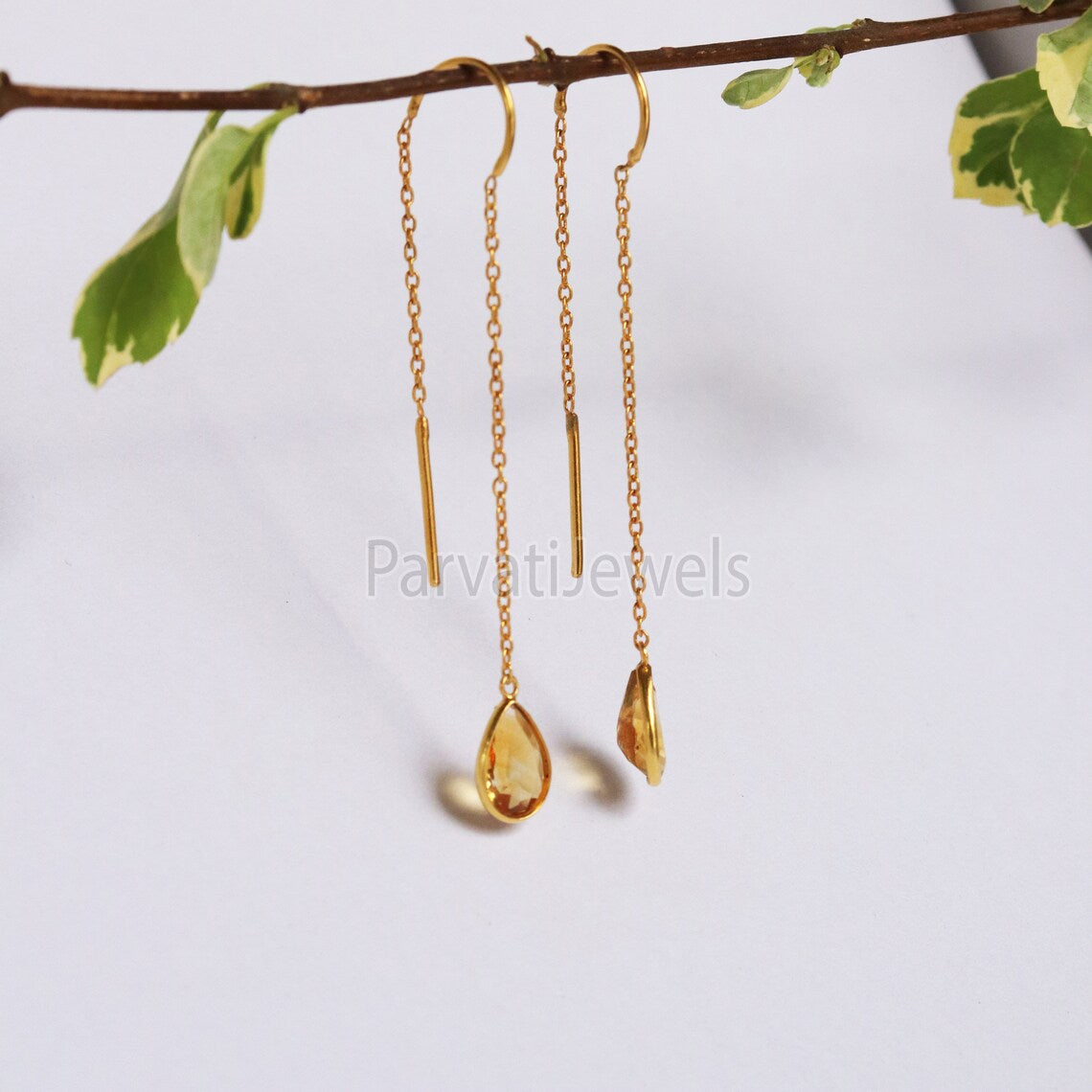 Natural Citrine Gold Earring, Solid Gold Earrings, Handmade Gold Earrings, Minimalist Hanging Earrings, Thread Earring, Gift for Her
