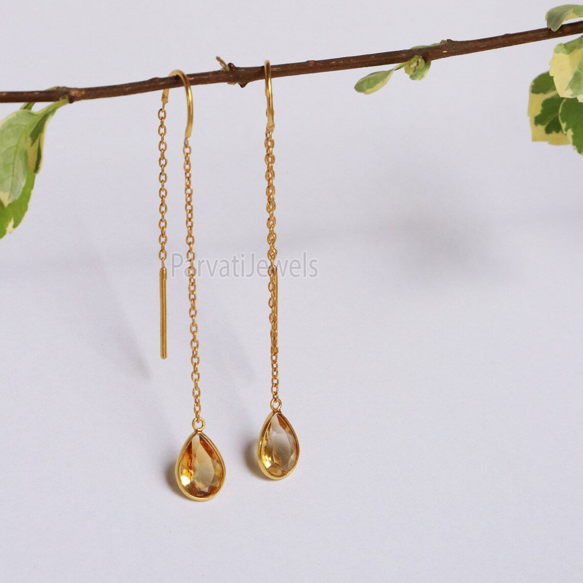 Natural Citrine Gold Earring, Solid Gold Earrings, Handmade Gold Earrings, Minimalist Hanging Earrings, Thread Earring, Gift for Her