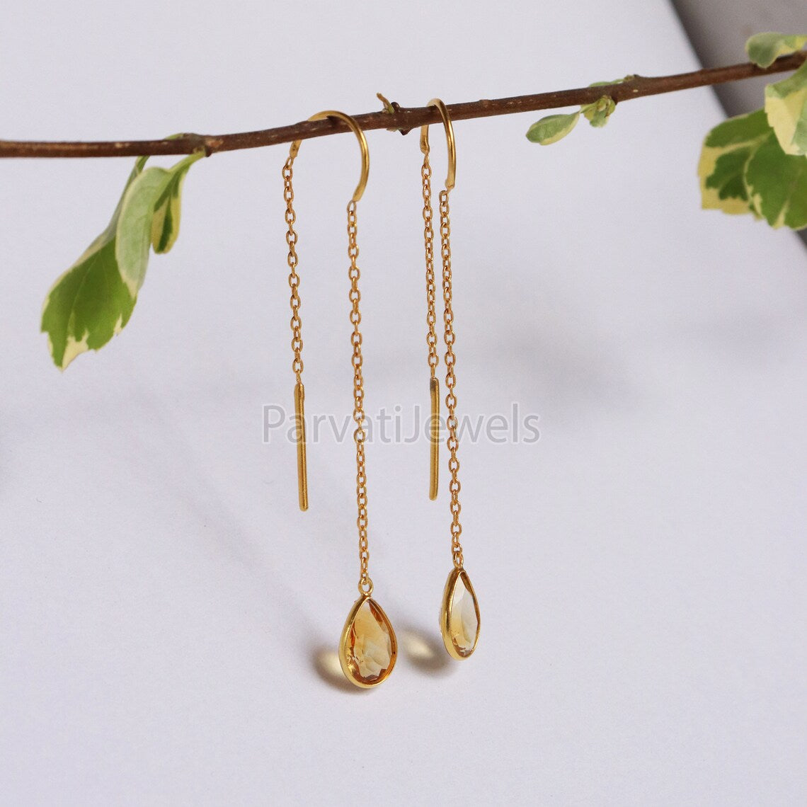 Natural Citrine Gold Earring, Solid Gold Earrings, Handmade Gold Earrings, Minimalist Hanging Earrings, Thread Earring, Gift for Her