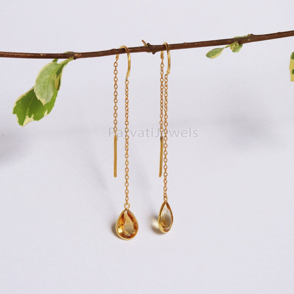 Natural Citrine Gold Earring, Solid Gold Earrings, Handmade Gold Earrings, Minimalist Hanging Earrings, Thread Earring, Gift for Her