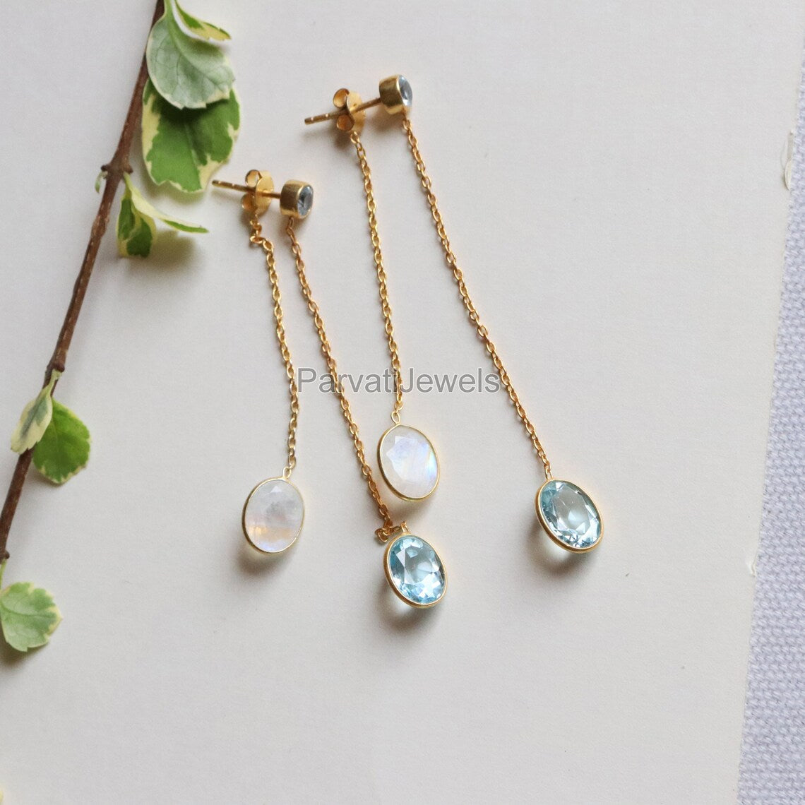 Natural Blue Topaz and Rainbow Moonstone Gold Earrings, Gold Earrings, Handmade Earrings, Detachable Earrings, Thread Earring, Gift for Her