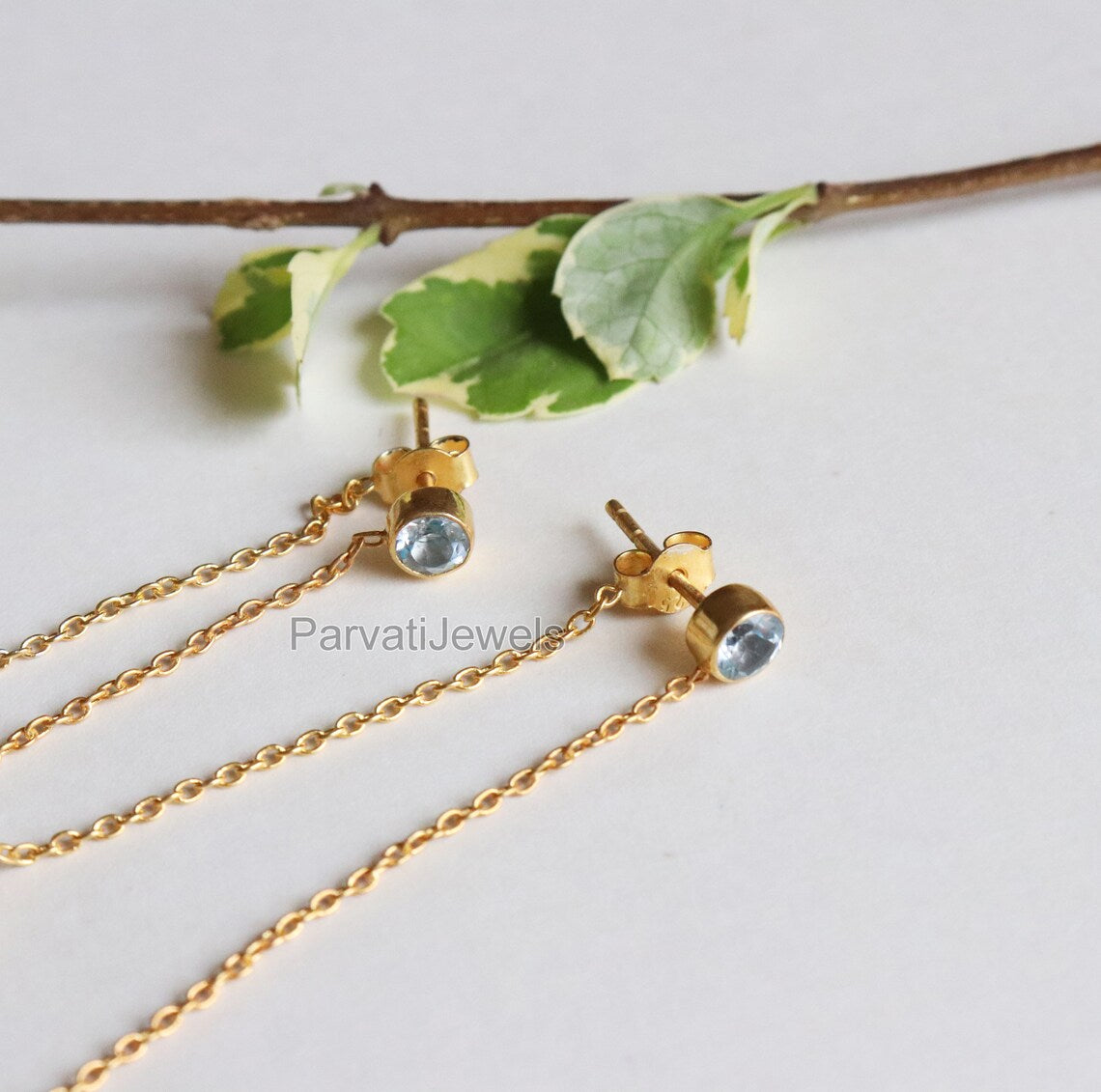 Natural Blue Topaz and Rainbow Moonstone Gold Earrings, Gold Earrings, Handmade Earrings, Detachable Earrings, Thread Earring, Gift for Her