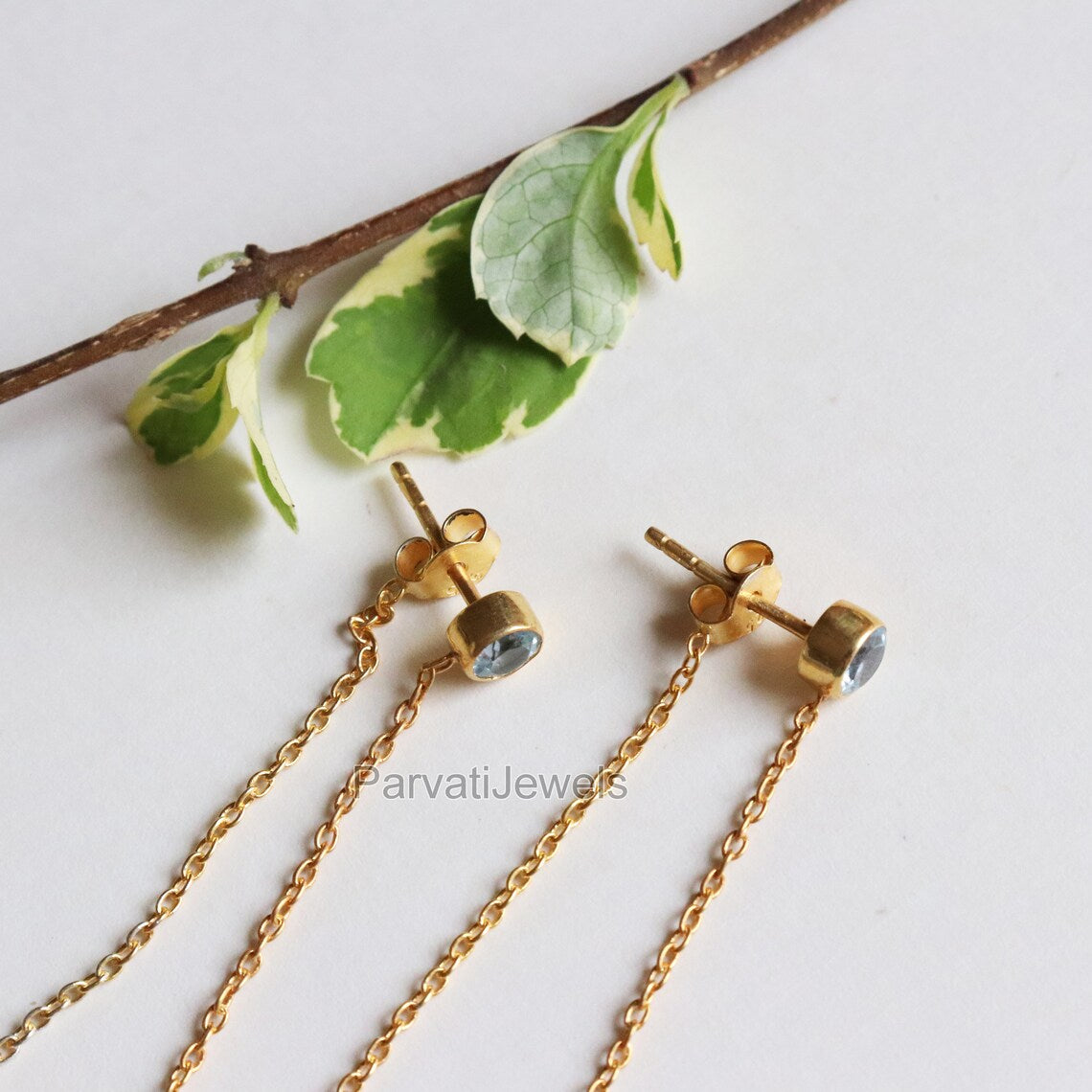 Natural Blue Topaz and Rainbow Moonstone Gold Earrings, Gold Earrings, Handmade Earrings, Detachable Earrings, Thread Earring, Gift for Her