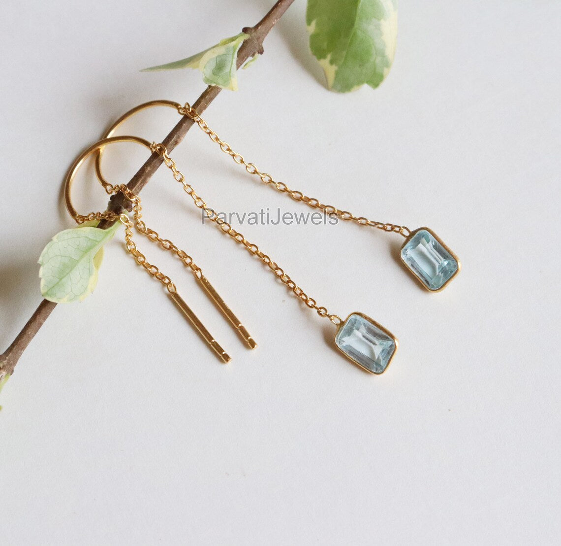 Natural Blue Topaz Gold Earring, Solid Gold Earrings, Handmade Gold Earrings, Minimalist Hanging Earrings, Thread Earring, Gift for Her