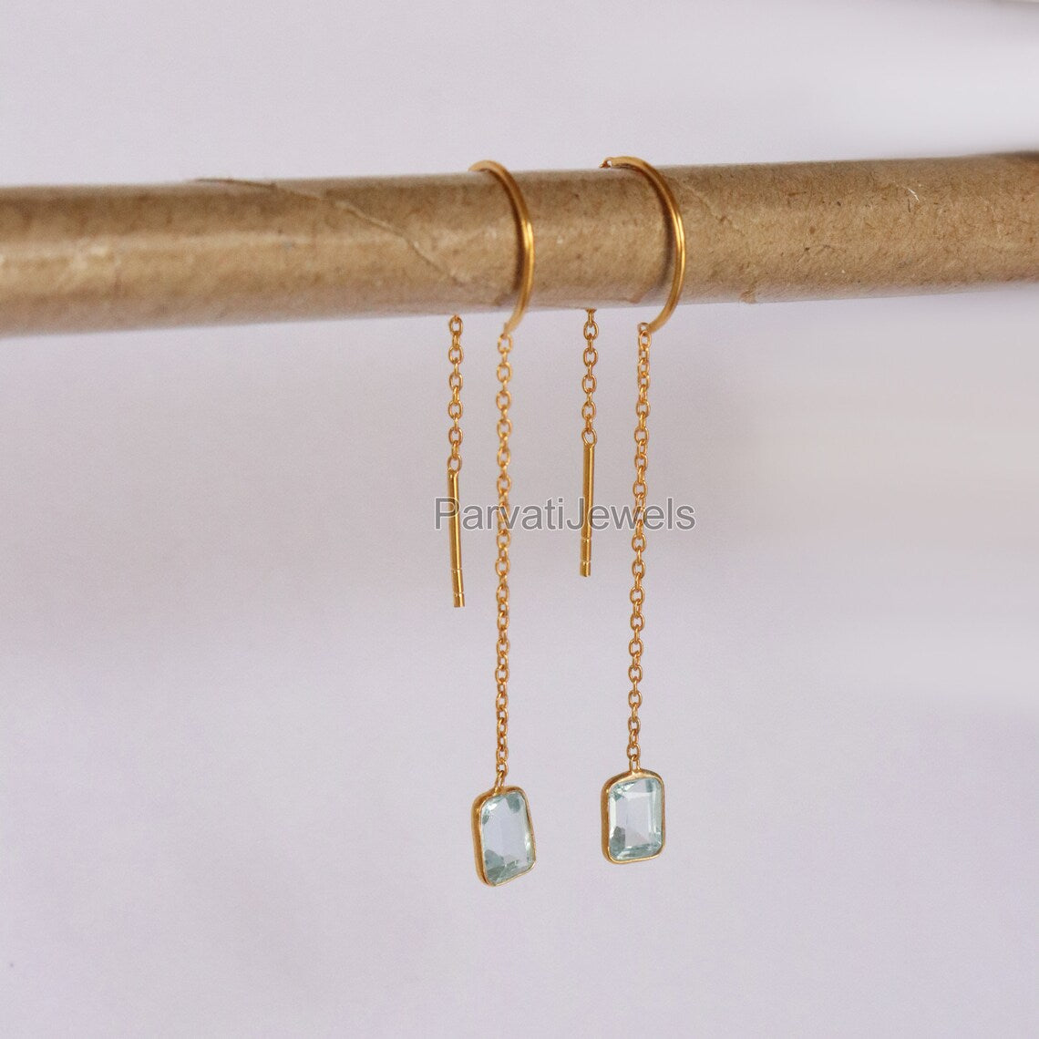 Natural Blue Topaz Gold Earring, Solid Gold Earrings, Handmade Gold Earrings, Minimalist Hanging Earrings, Thread Earring, Gift for Her