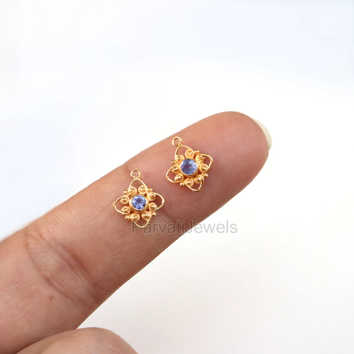 Natural Tanzanite Round Shape 14k & 18k Solid Gold Charm, Filigree Charm, tanzanite 14k Gold Charm, Charms For Earring Handmade Gold Charm