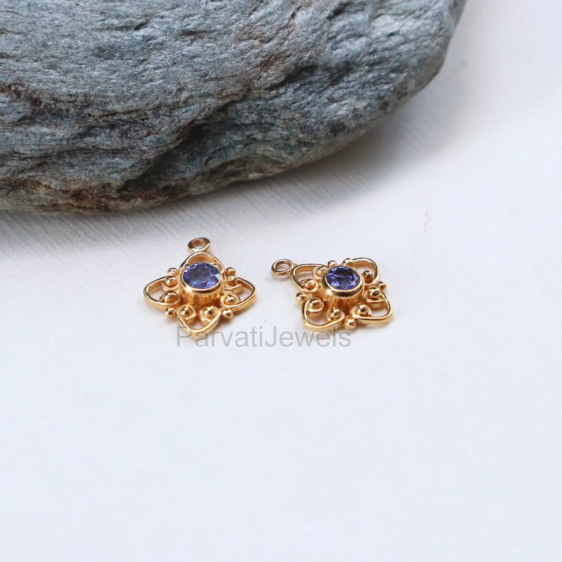 Natural Tanzanite Round Shape 14k & 18k Solid Gold Charm, Filigree Charm, tanzanite 14k Gold Charm, Charms For Earring Handmade Gold Charm